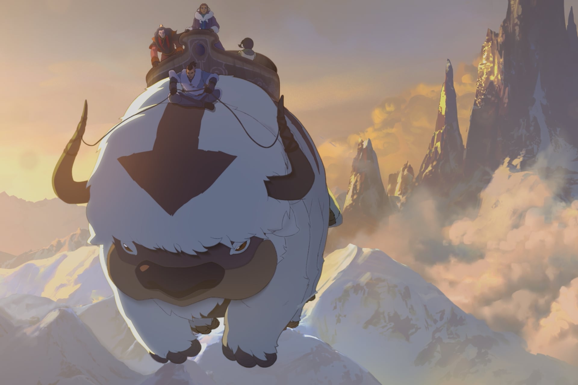 Avatar Aang: The Last Airbender still of the Gaang riding Appa.
