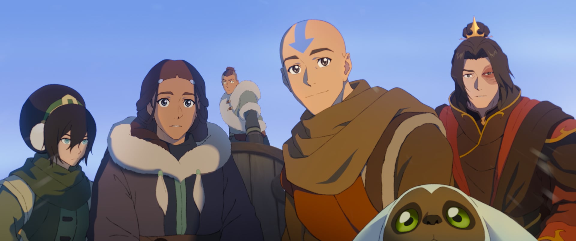 Avatar Aang: The Last Airbender still of Aang, Katara, Toph, Sokka, and Momo.