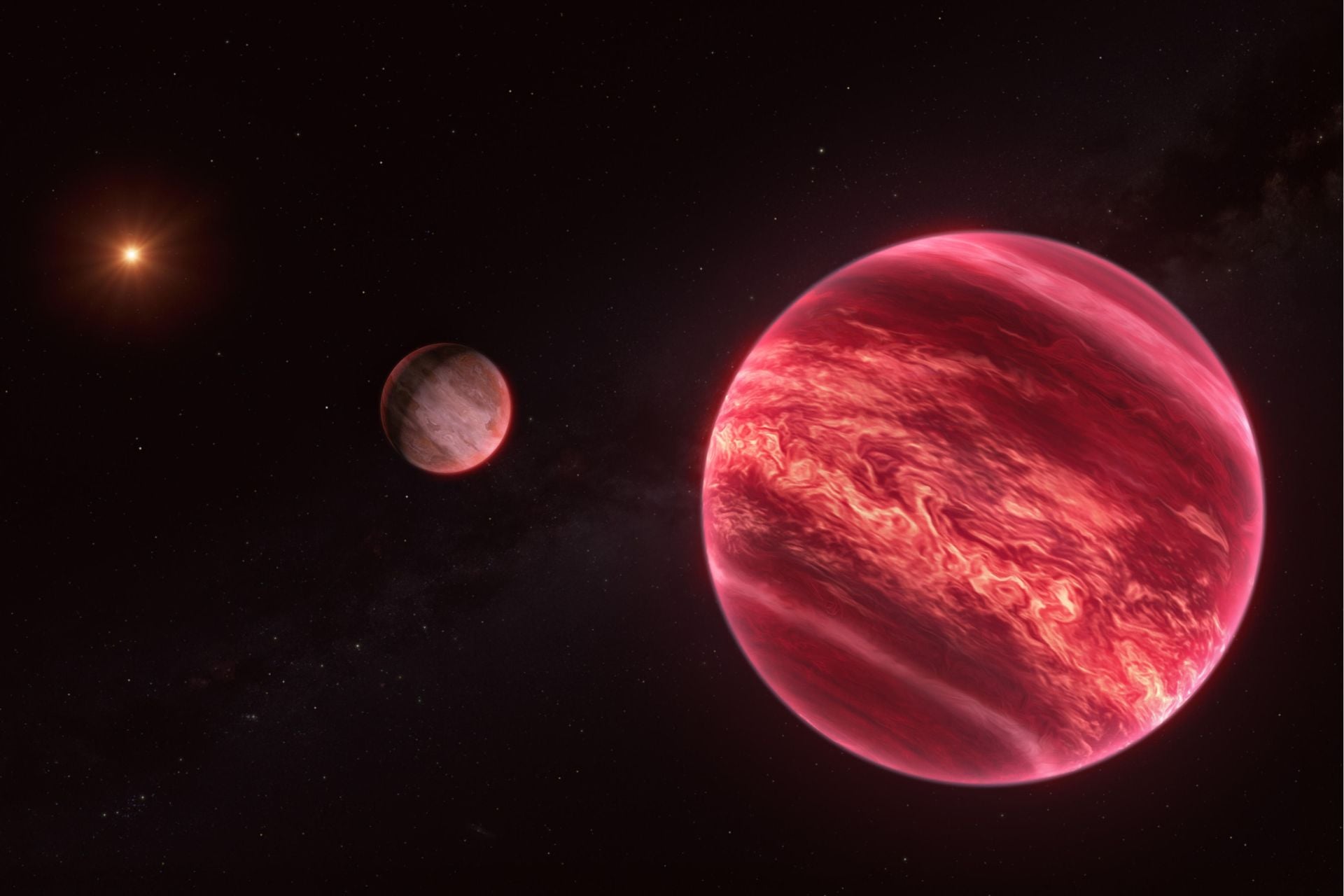 An artist’s impression of CD-35 2722, a three-tiered hierarchical system with a moon-like object.