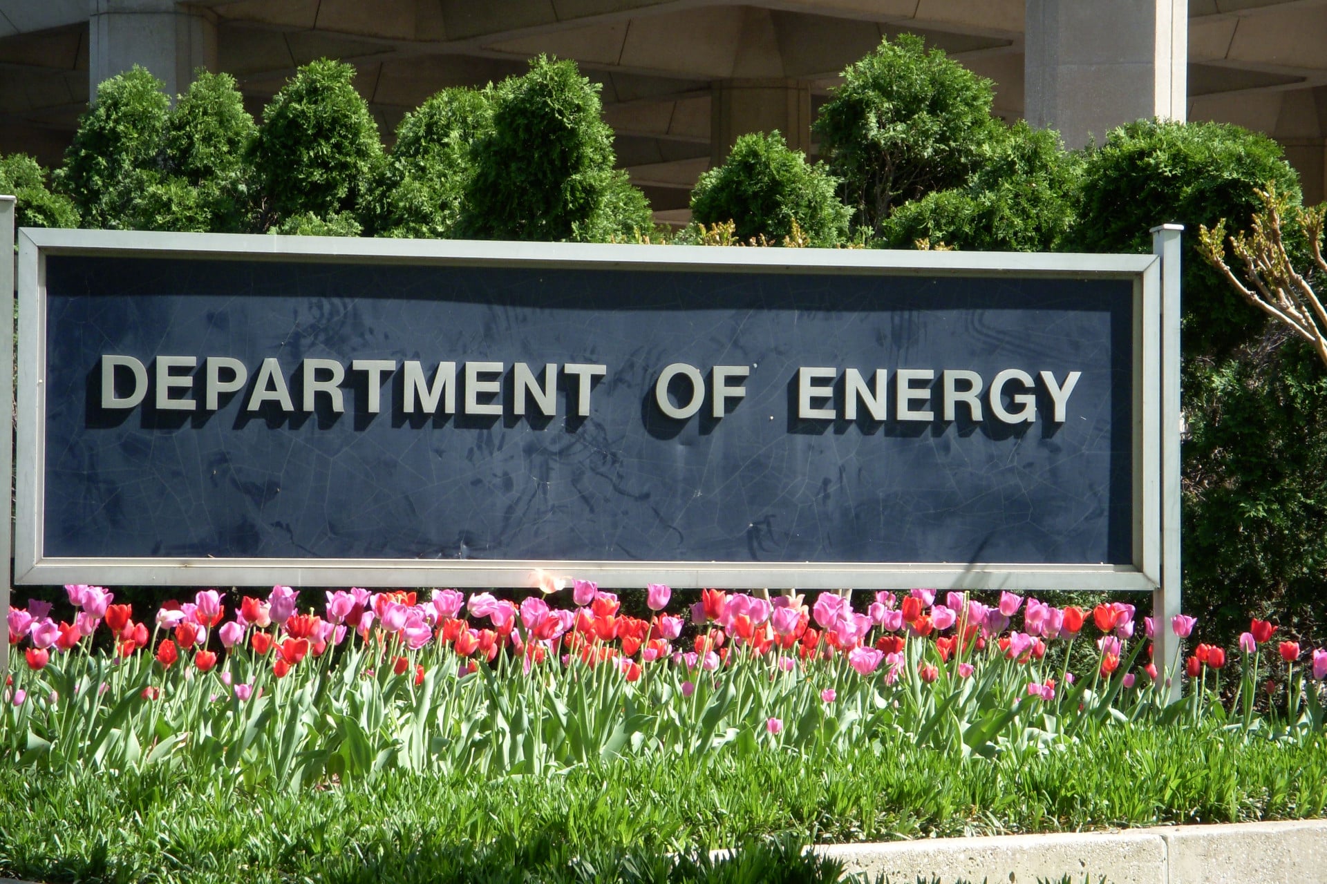 Sign in front of the United States Department of Energy Forrestal Building in Washington D.C.