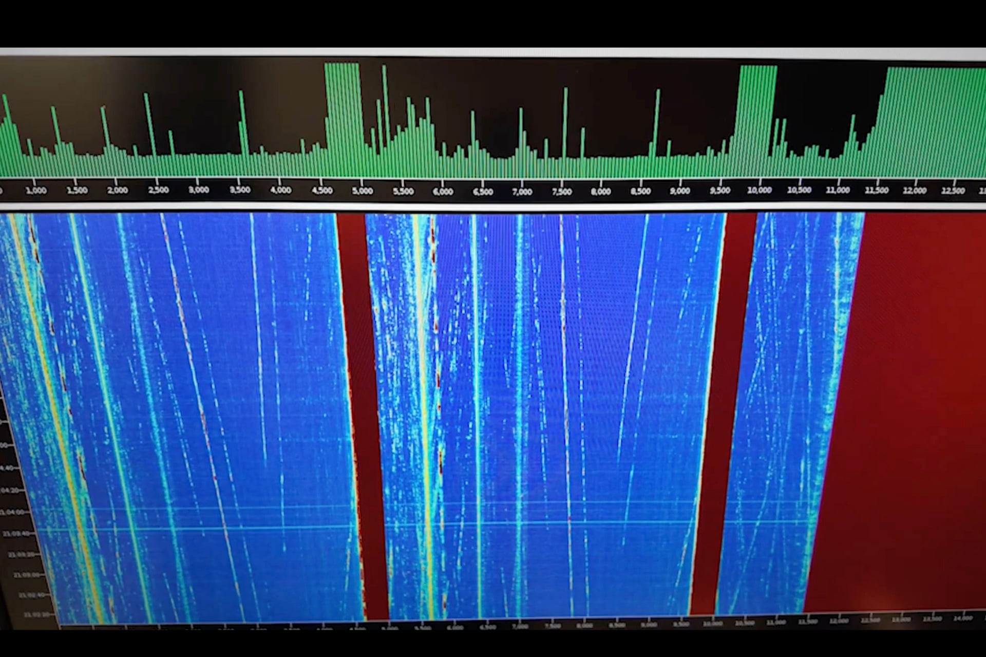A display showing a distributed acoustic sensing (DAS) system as it records vibrations detected via the research team’s fiber-optic cable in Arcata, California.