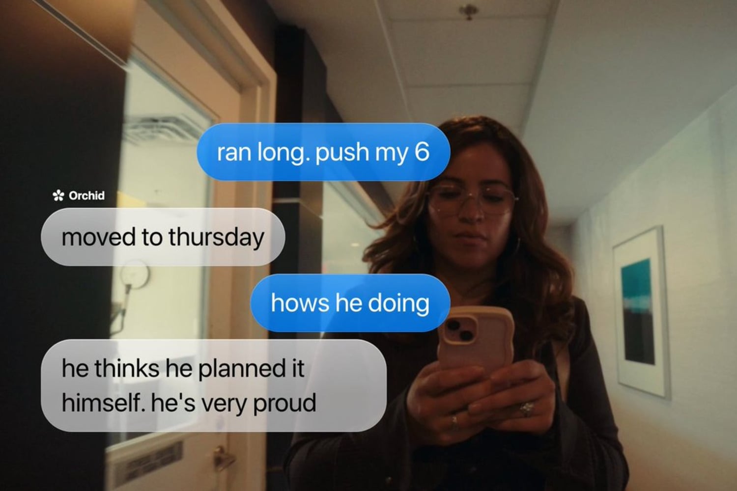 Promotional image for Orchid AI showing a text conversation between a young woman holding a phone and the AI agent