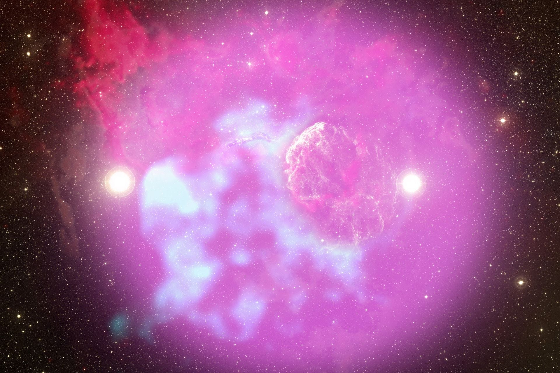 Composite multiwavelength view of the IC 443 region (with the X-ray emission from IC 443 removed) overlaid with gamma-ray emission above 1 GeV detected by the Fermi Large Area Telescope. 