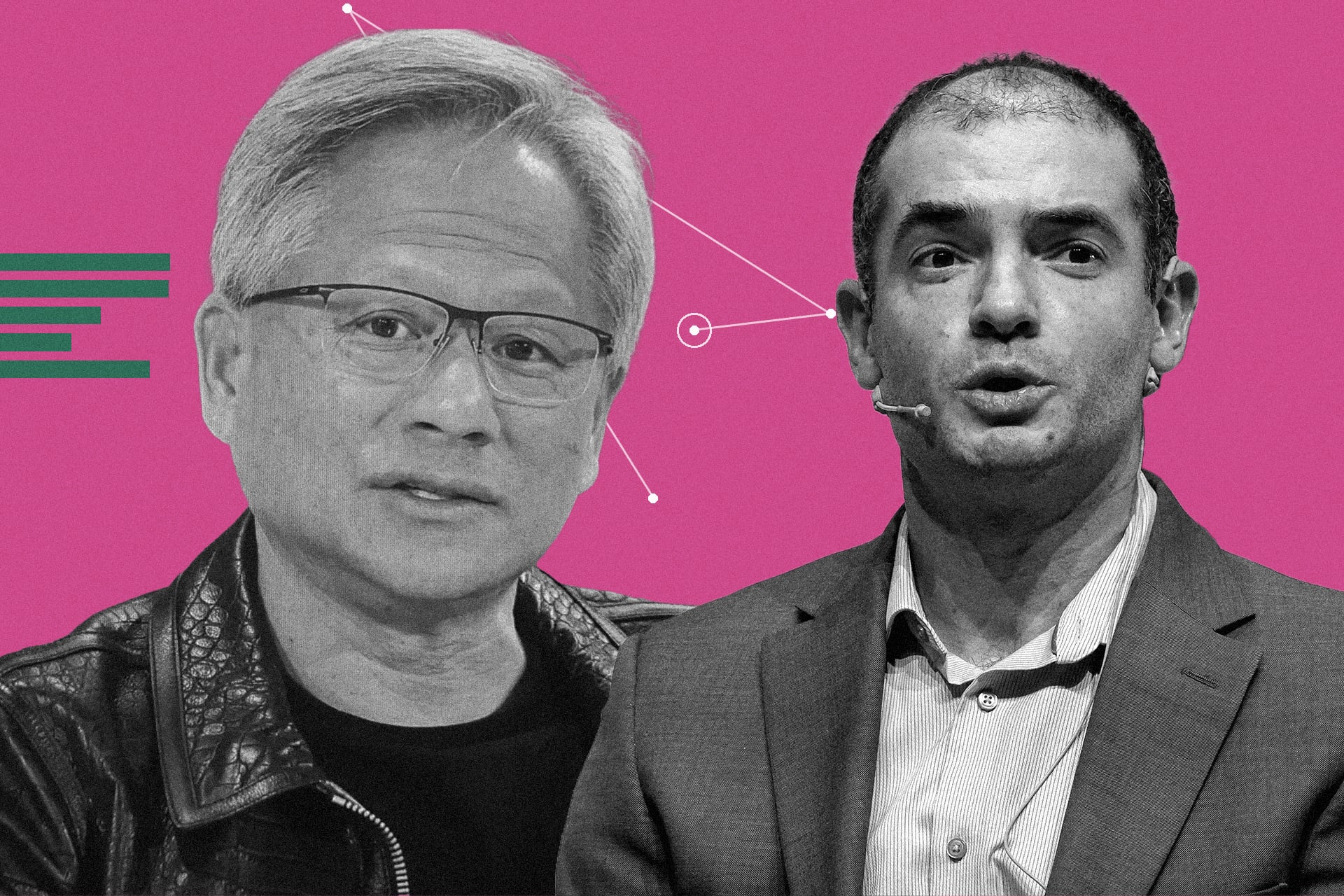 Jensen Huang of Nvidia (left); Ilya Sutskever of Safe Superintelligence (right)