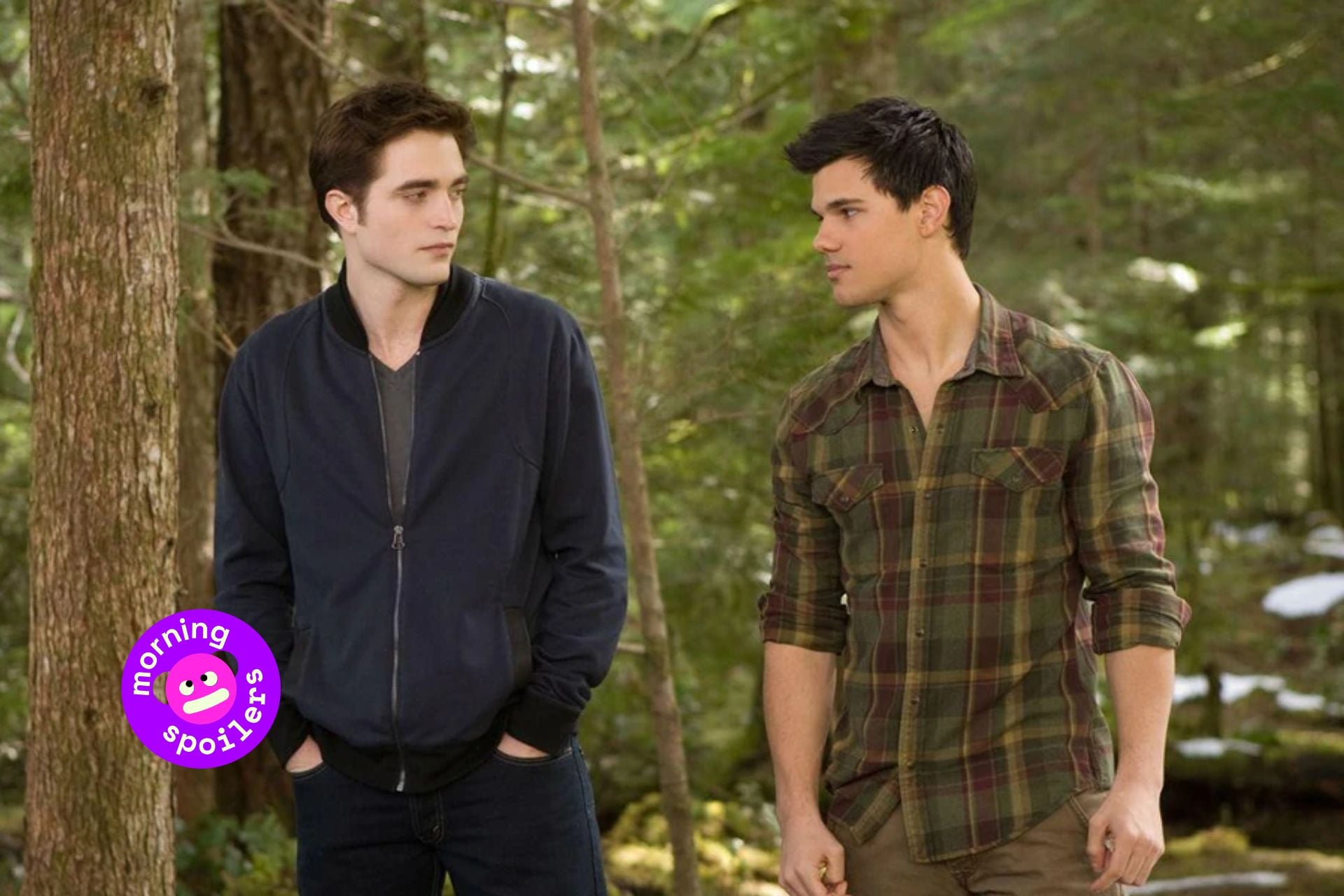 An image of Robert Pattison as Edward and Taylor Lautner as Jacob in the Twilight saga.