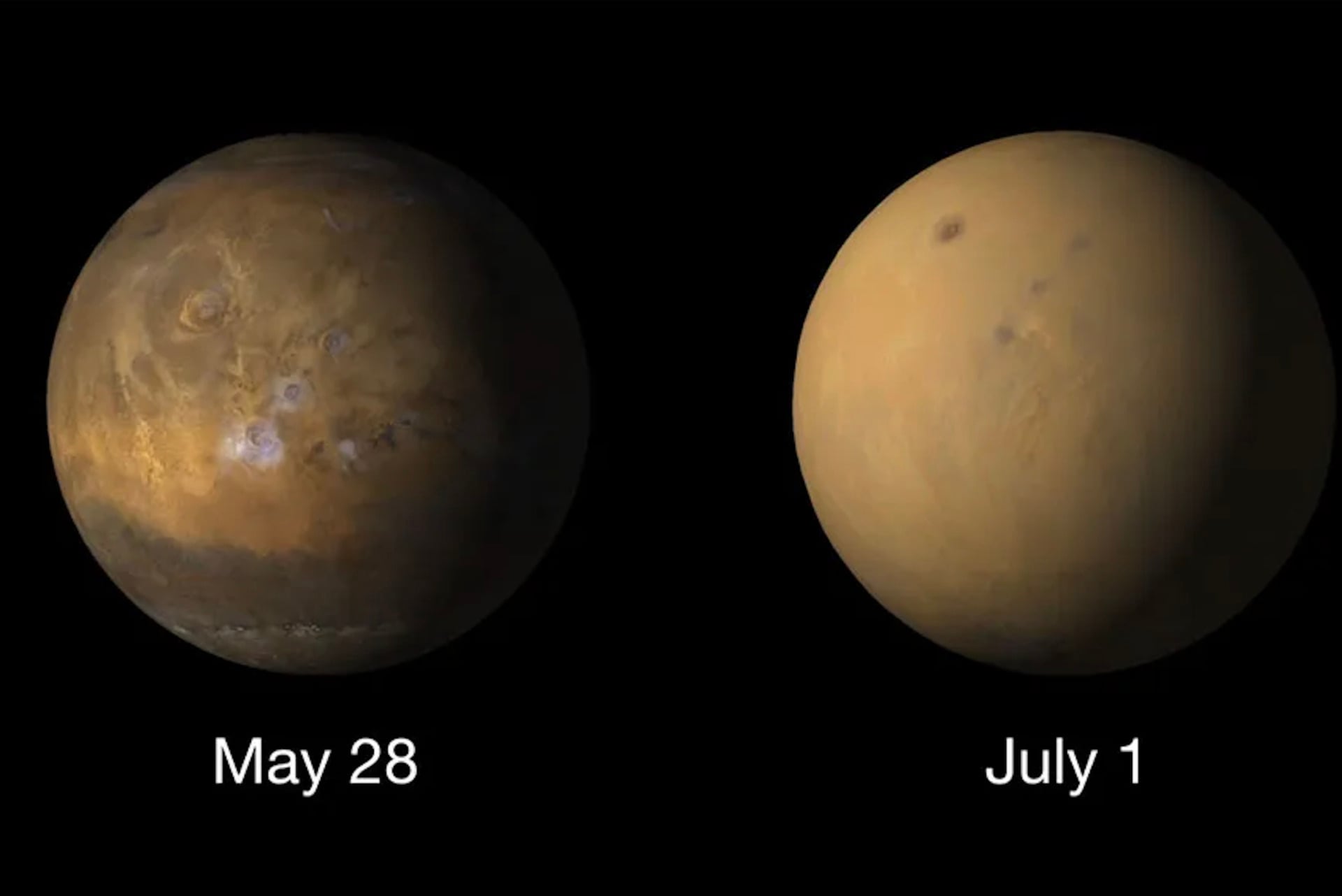 Comparison shots of Mars before and during the global dust storm that erupted in June 2018, as taken by the Mars Color Imager onboard NASA’s Mars Reconnaissance Orbiter.