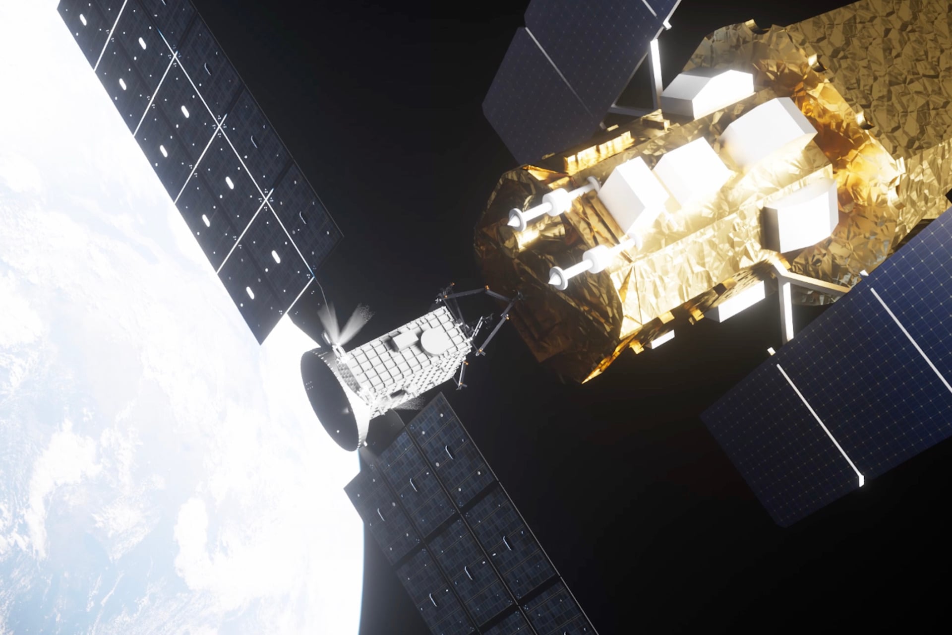 Concept art of the LINK robot giving NASA’s Neil Gehrels Swift Observatory telescope an orbital “reboost.”