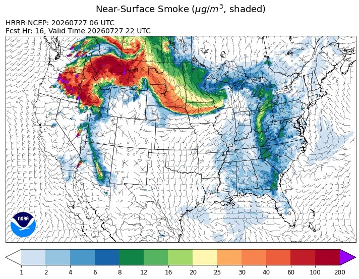 A forecast map of near-surface wildfire smoke from fires in the Pacific Northwest 
