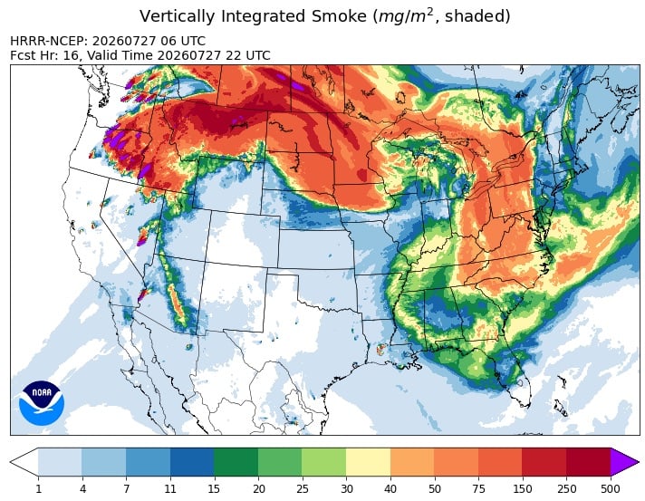 A forecast map of wildfire smoke from fires in the Pacific Northwest 