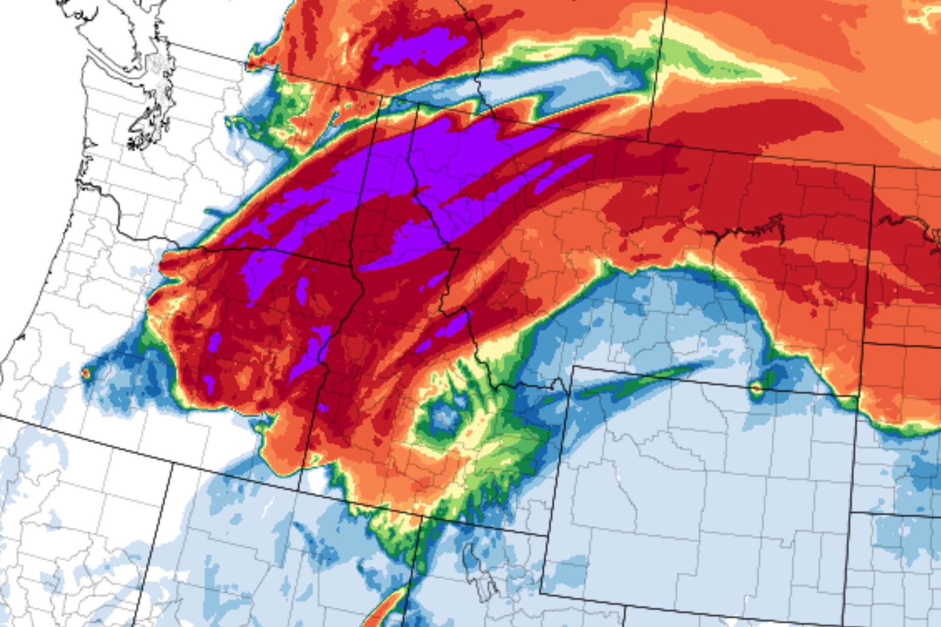 NOAA's High-Resolution Rapid Refresh (HRRR) smoke forecast model shows the amount of wildfire smoke expected throughout the atmosphere across the northwestern U.S. at 2:00 a.m. ET on July 27, 2026. Warmer colors indicate higher concentrations of vertically integrated smoke.