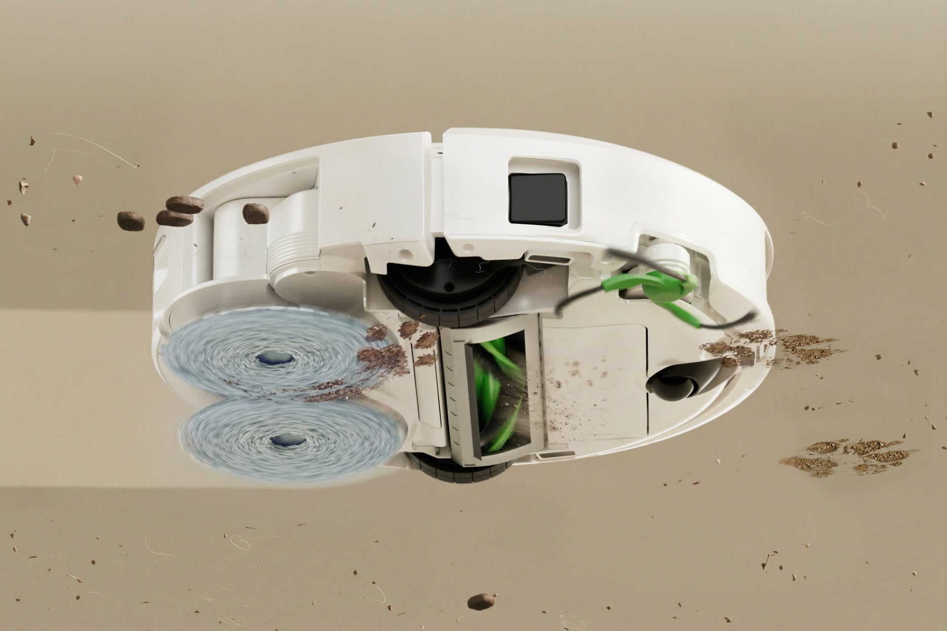 The Roomba Plus 415 shown from below, to illustrate the spinning mop pads near its rear.