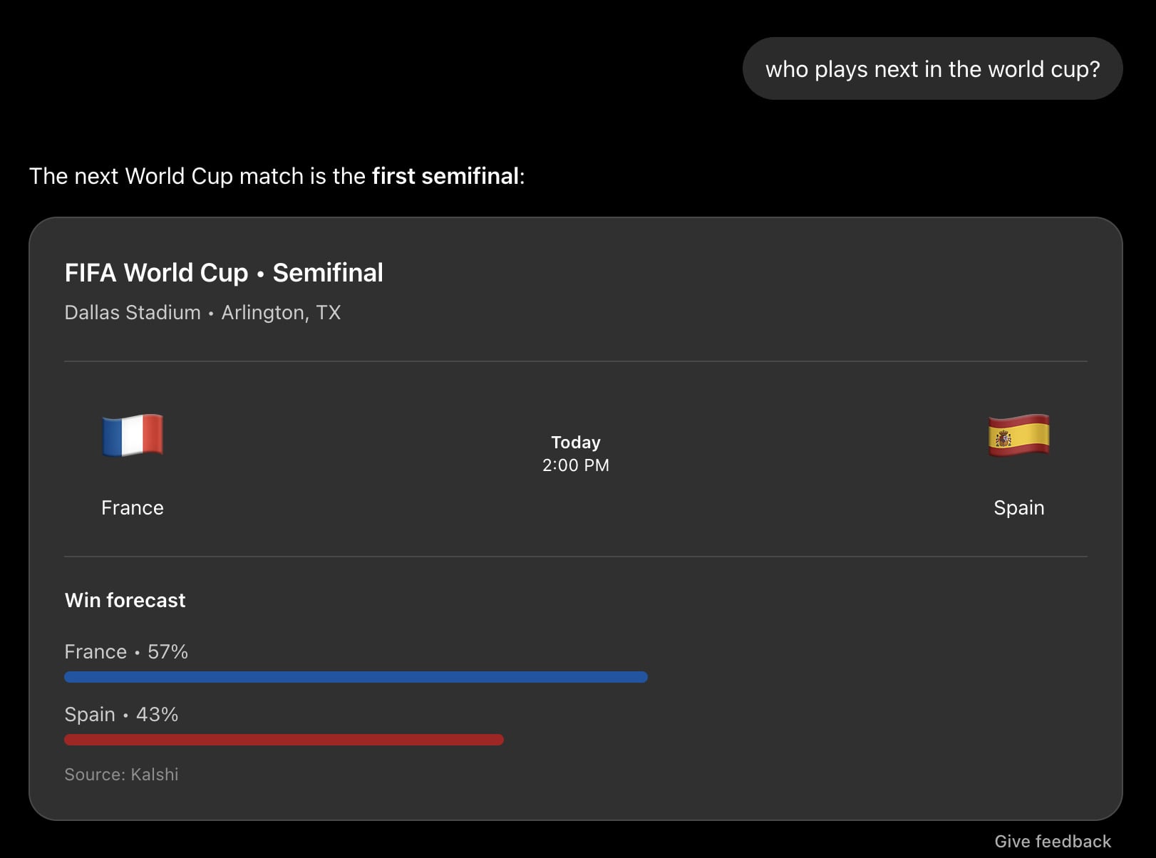 ChatGPT response to a question about the World Cup, in which the response includes Kalshi data