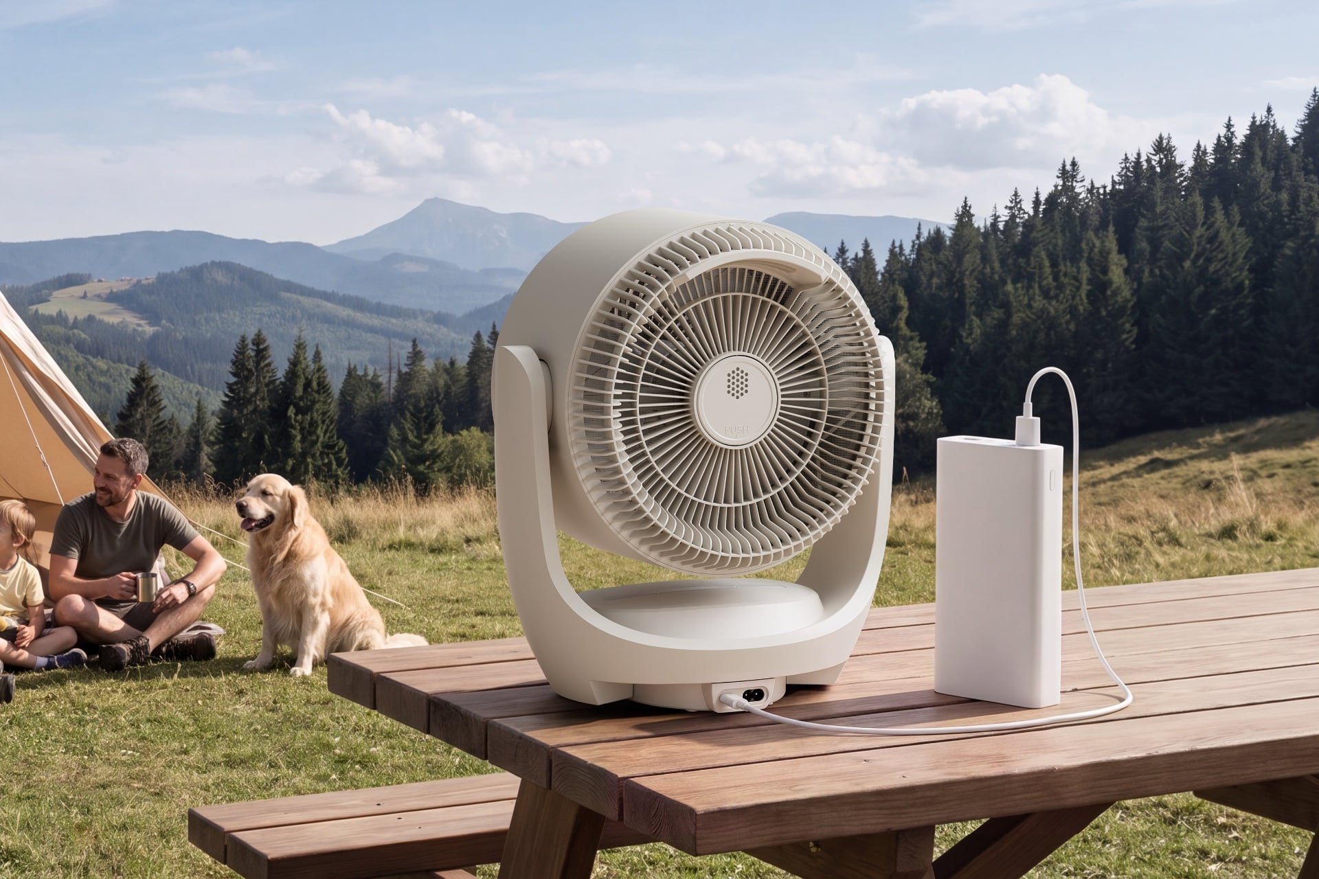 Switchbot Battery Circulator Fan 2 Pro pictured on an outdoor table, plugged into a power bank.