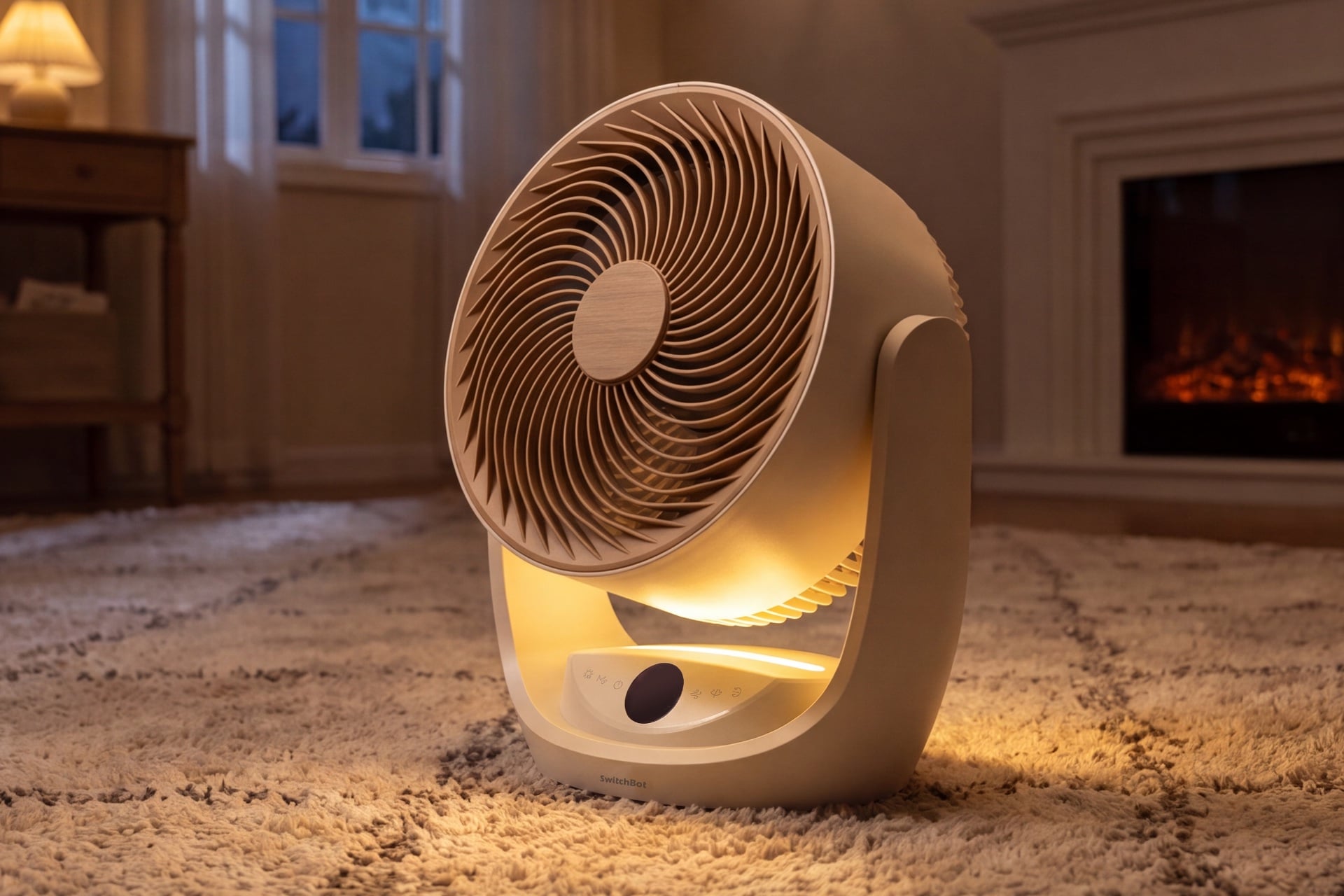 Switchbot Battery Circulator Fan 2 Pro shown sitting on a floor with its nightlight on and fan angled slightly upward.