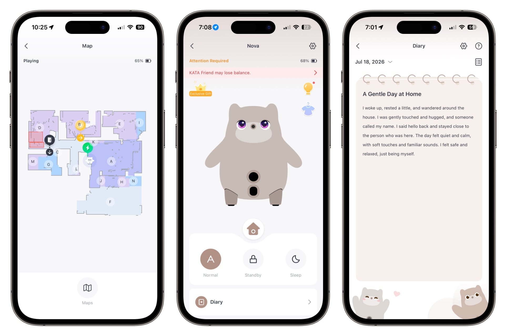 Three screenshots showing the Kata Friends' app view, with its map, main screen, and a diary entry visible.