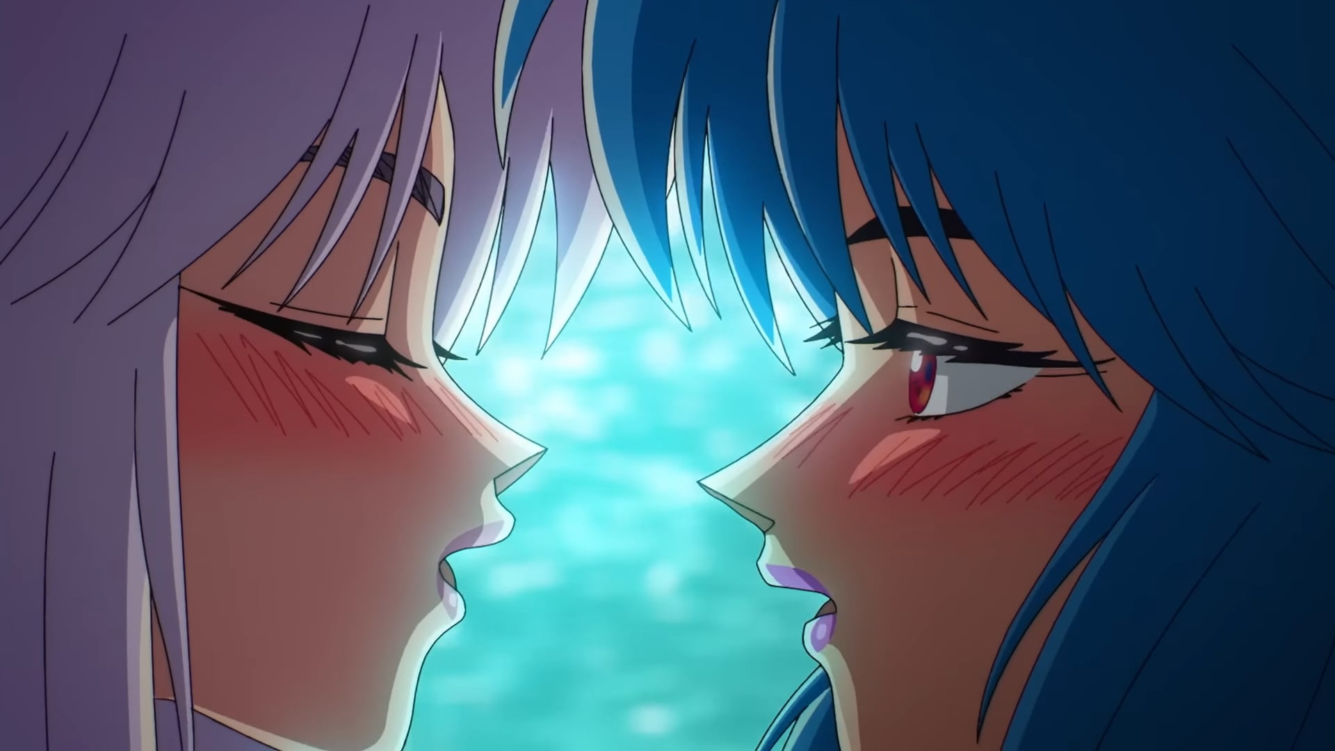 The Ghost In The Shell still of Kusanagi kissing a woman.
