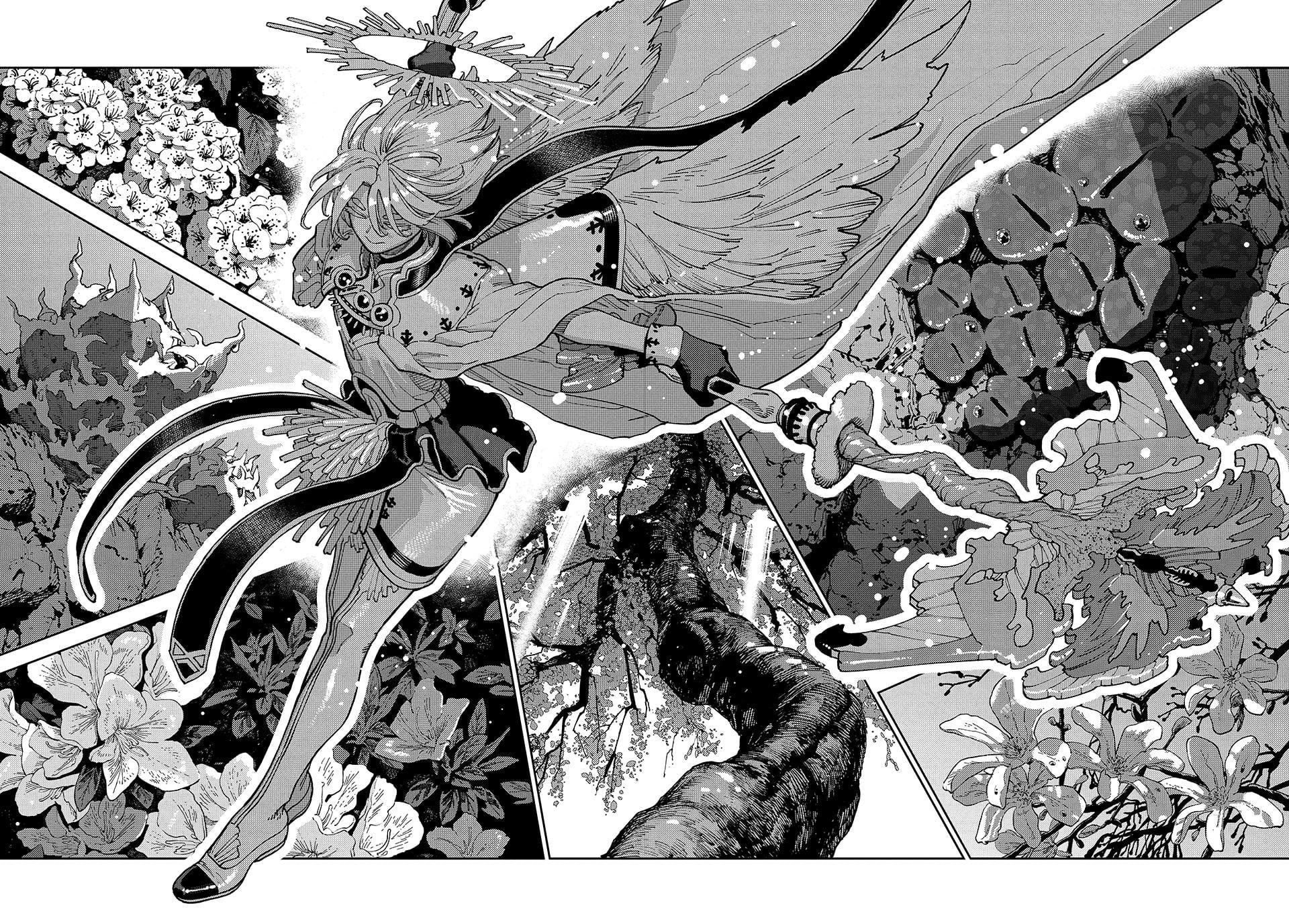The Journey Of A Dark Elf With Fading Powers double spread of an angel casting magic.