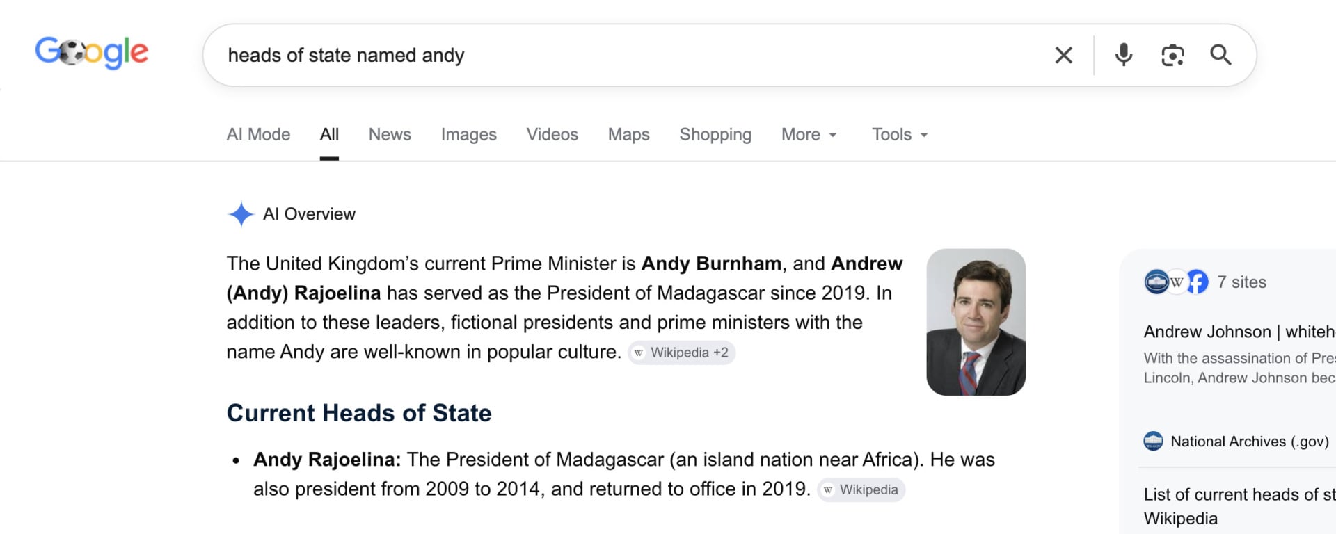 Google's AI result saying "Current Heads of StateAndy Rajoelina: The President of Madagascar (an island nation near Africa). He was also president from 2009 to 2014, and returned to office in 2019."