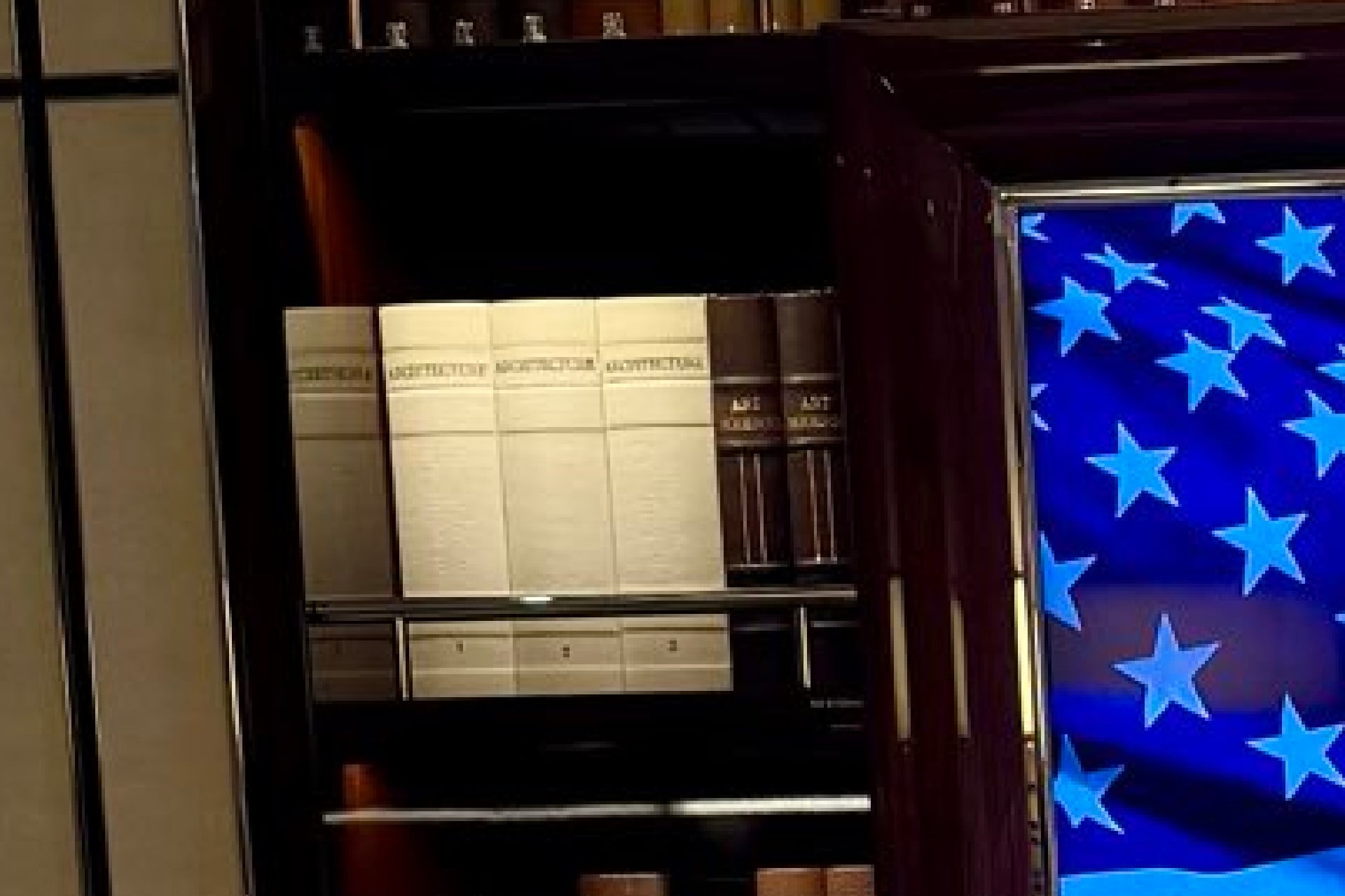 Close-up on a shelf on the new Air Force One, which features fake books with titles like "Library" and "Arts" and "Architecture."