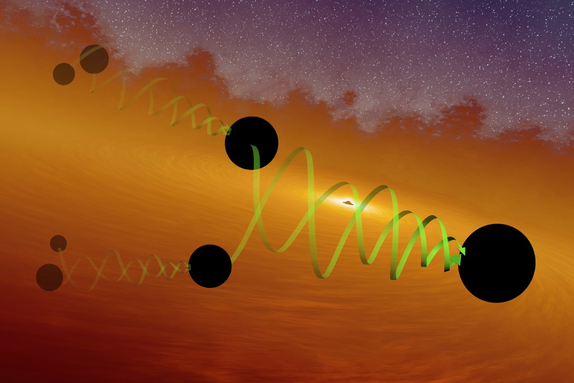An artist’s concept of the hierarchical formation of black holes.