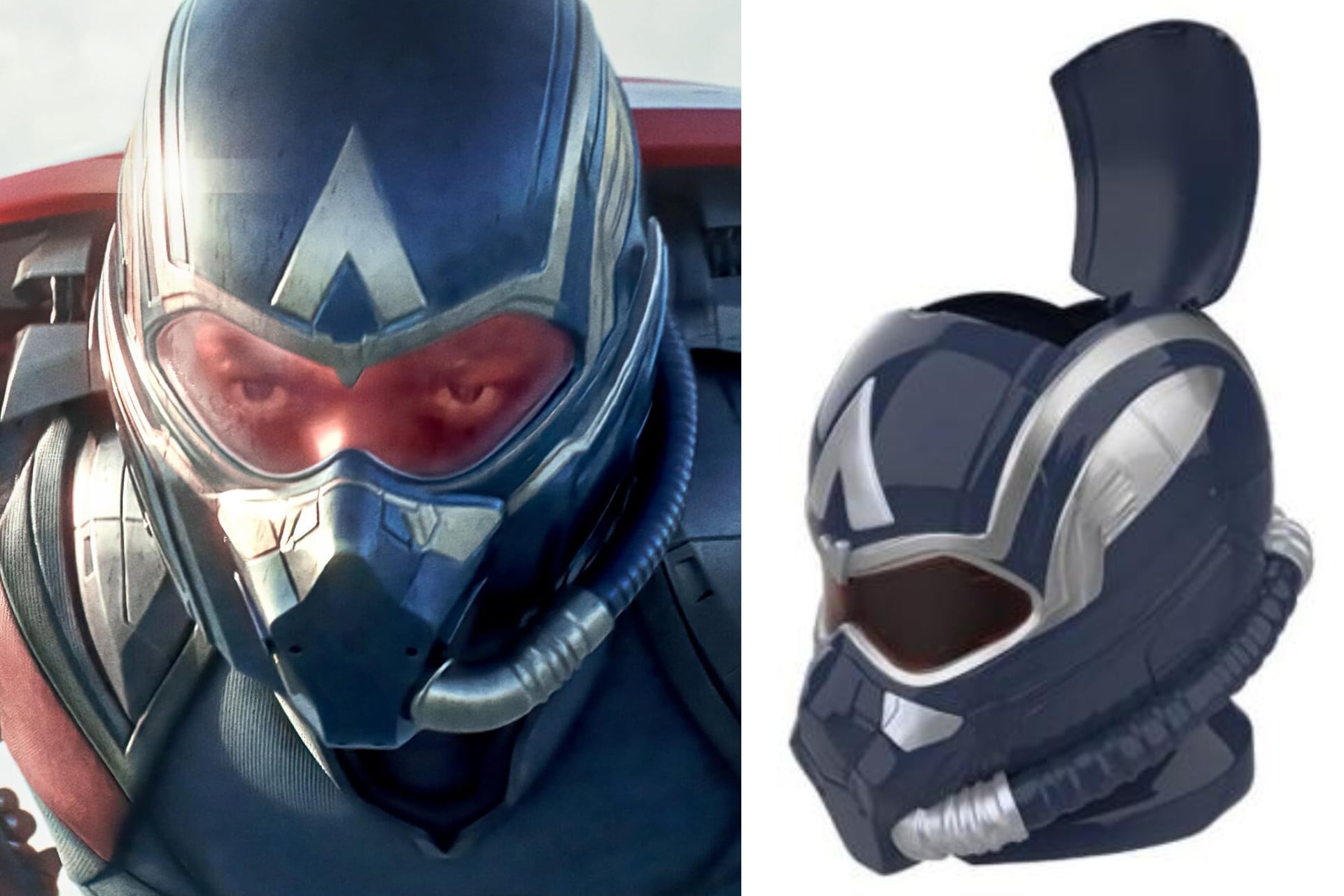 Publicity still from Captain America: Brave New World (left) and the recalled popcorn bucket.
