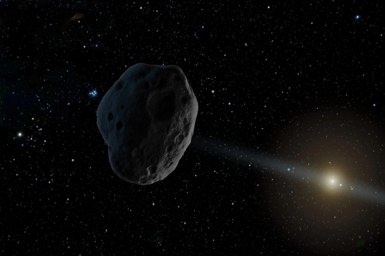 This artist’s concept depicts a near-Earth asteroid with an elongated orbit.