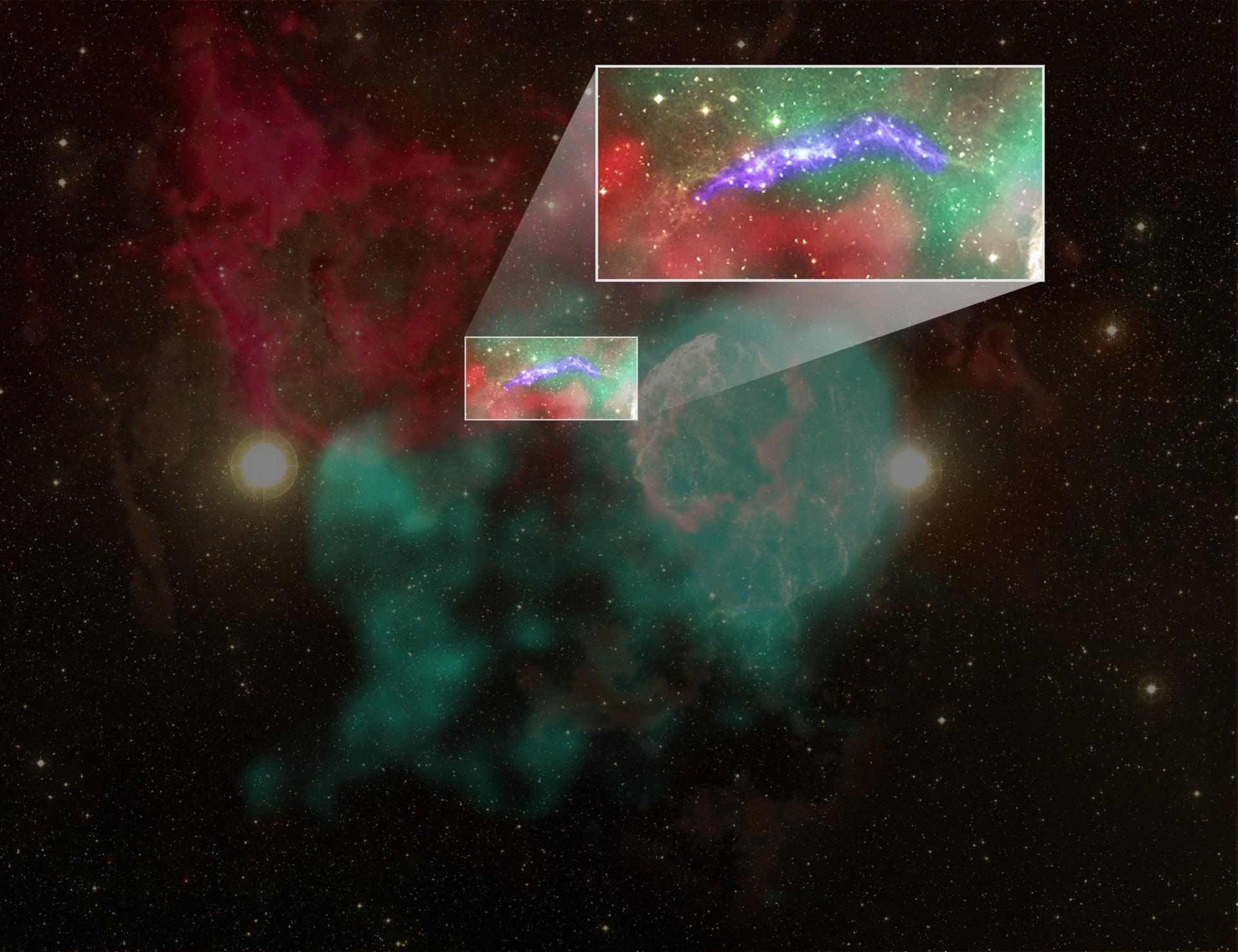 A green and red nebula against a dark starry sky with an inset highlighting a particular region of the nebula 