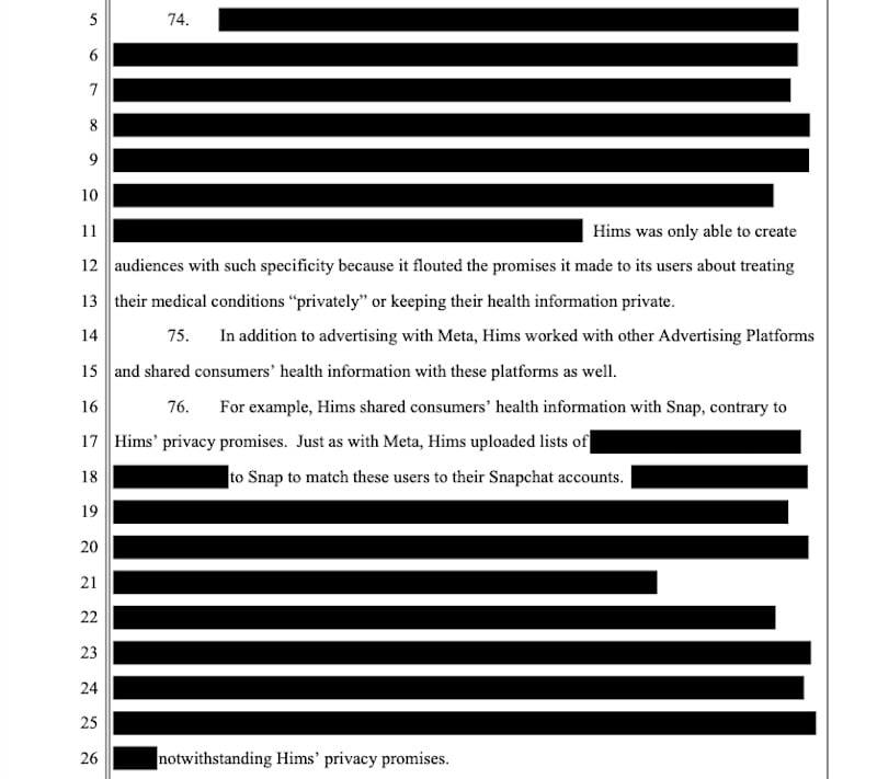 Portion of a lawsuit filed by the FTC against Hims & Hers on July 29, 2026.