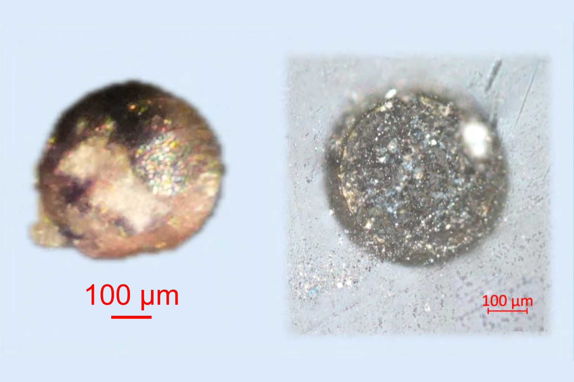 Incident light image (left) of the hiroshimaite sample containing Fe–Cr-alloys. Reflected light image (right) of the polished surface of the grain on the left.