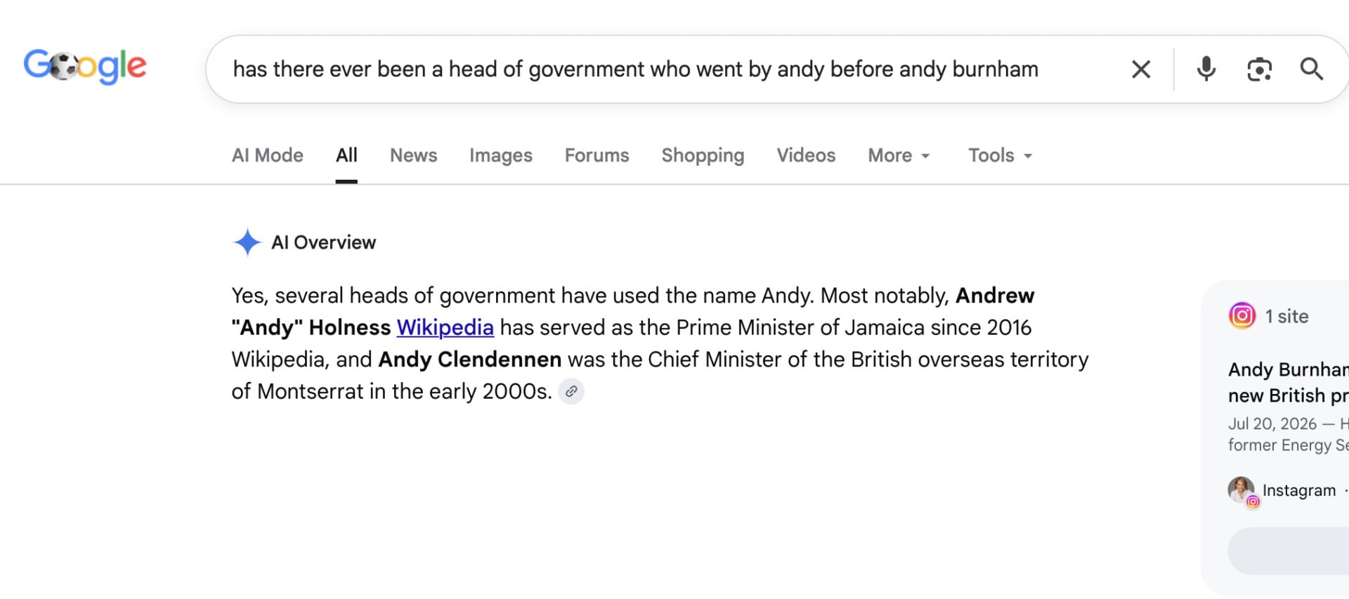A result incorrectly saying there were heads of state for Montserrat and Jamaica named Andy