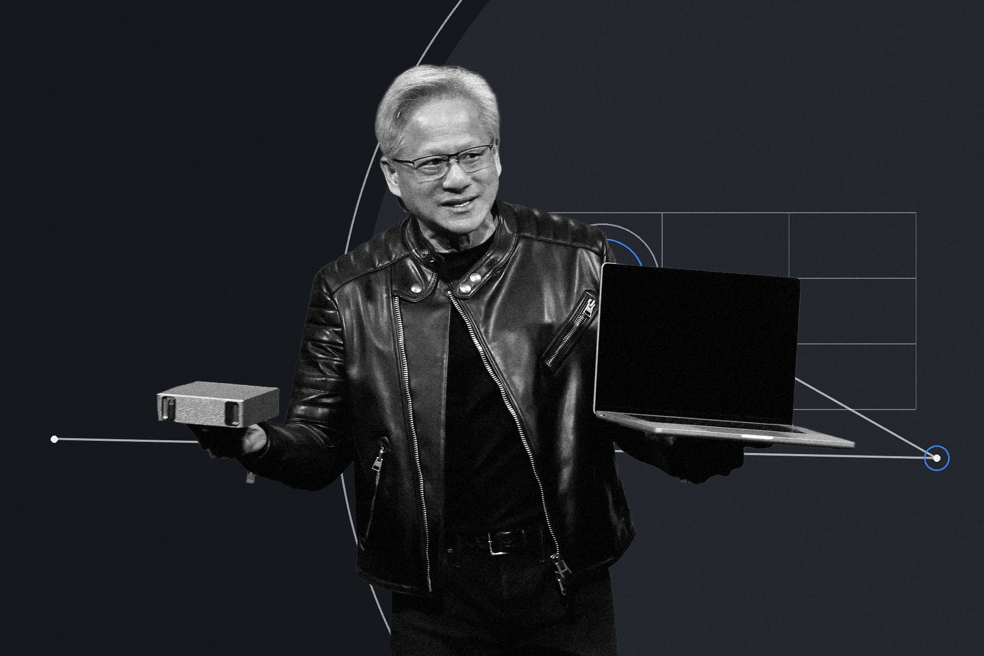 Nvidia Jensen Huang holding up a PC And Laptop