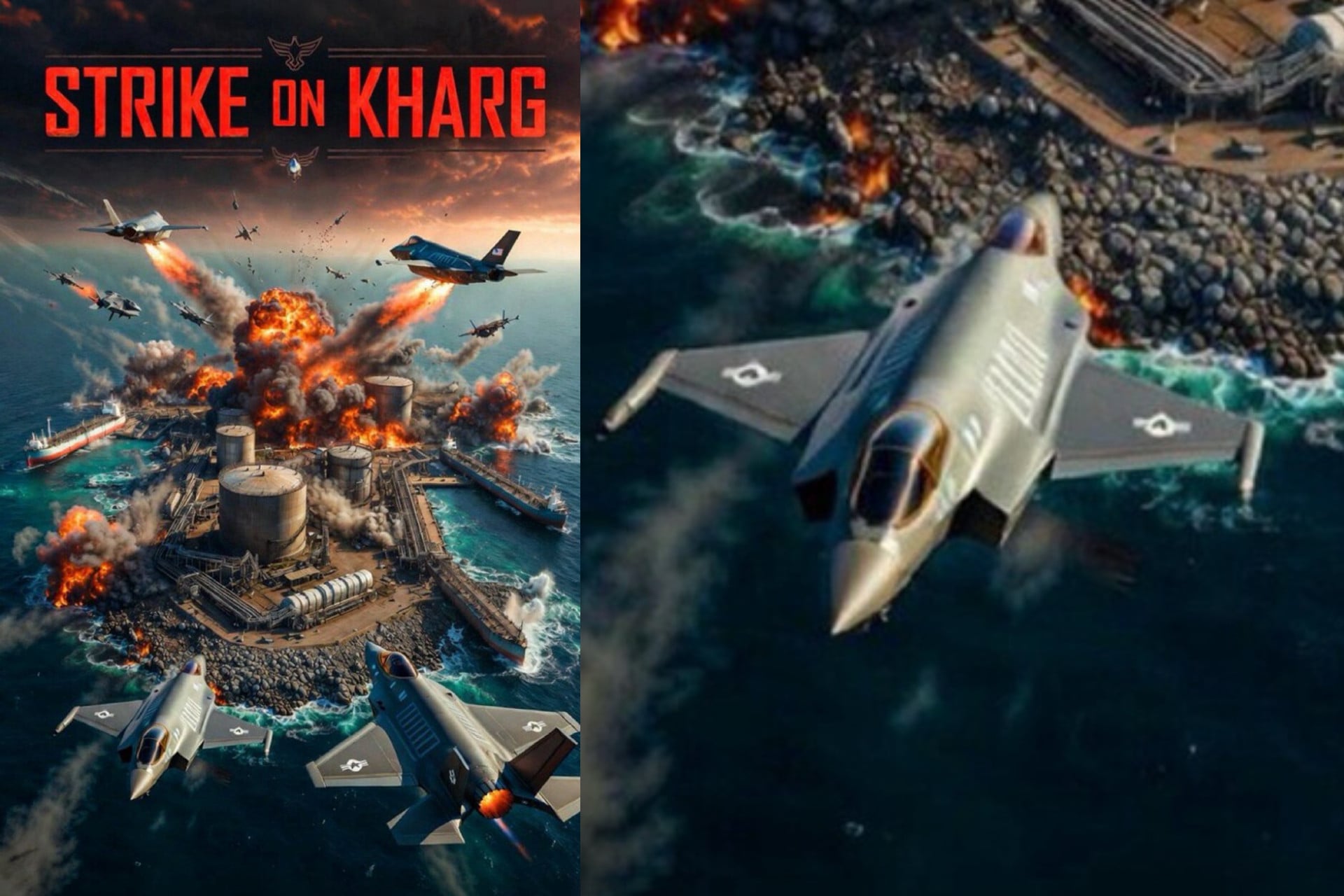 An AI image posted by President Trump on July 26, 2026 (left) and a close-up of that same image showing a physically impossible plane.