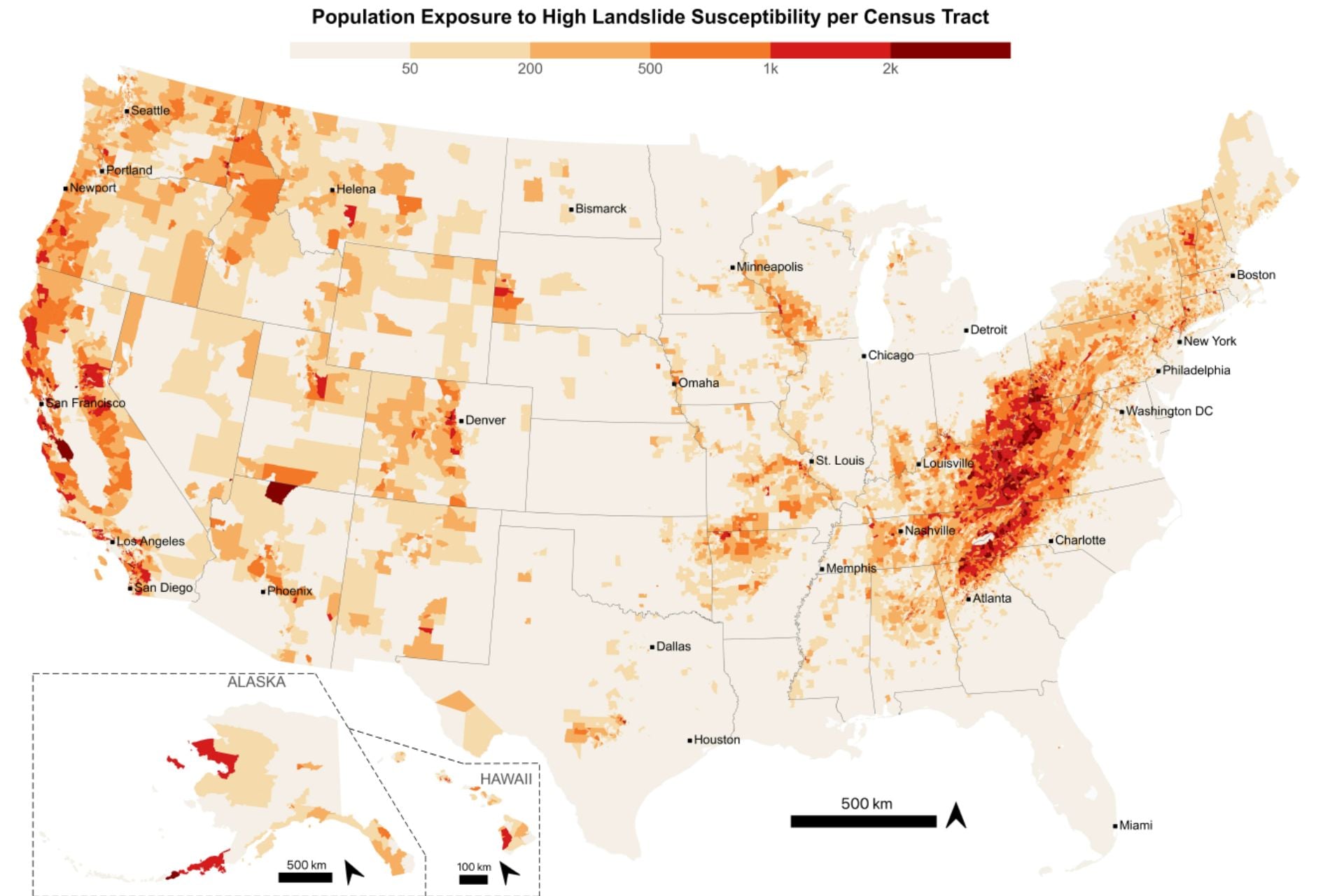 This map shows the number of people per U.S. census tract occupying buildings in areas that are highly susceptible to landslides.