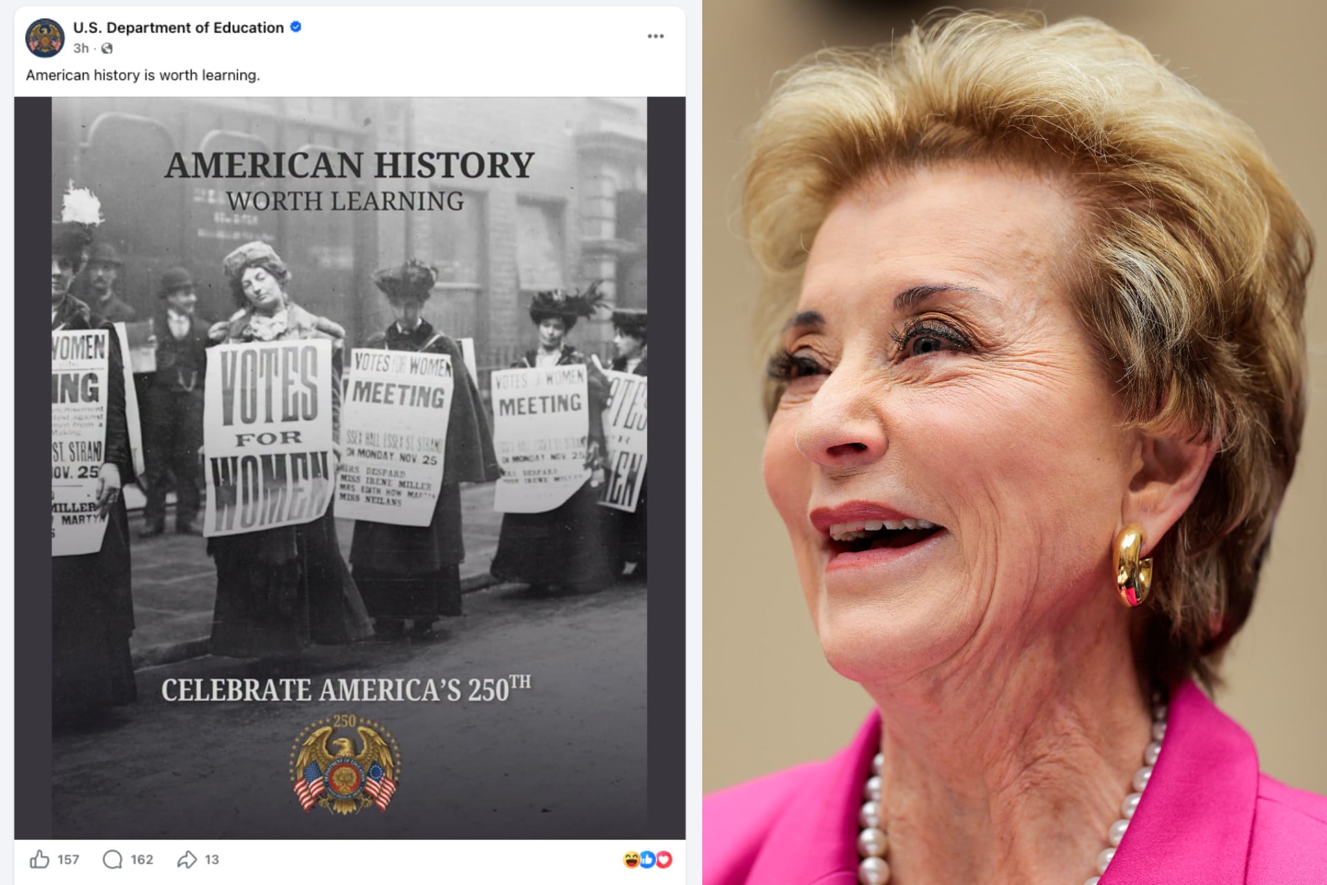 The Facebook post from the U.S. Department of Education that falsely claims to show U.S. history (left) U.S. Secretary of Education Linda McMahon testifies before the House Committee on Education and Workforce at the Rayburn House Office Building on May 14, 2026 in Washington, DC. (right)