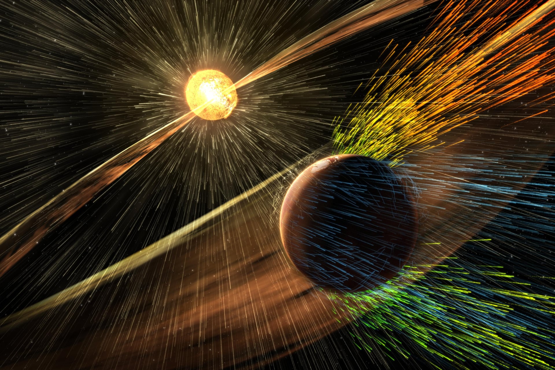 An artist's depiction of a solar storm buffeting against the Martian atmosphere.
