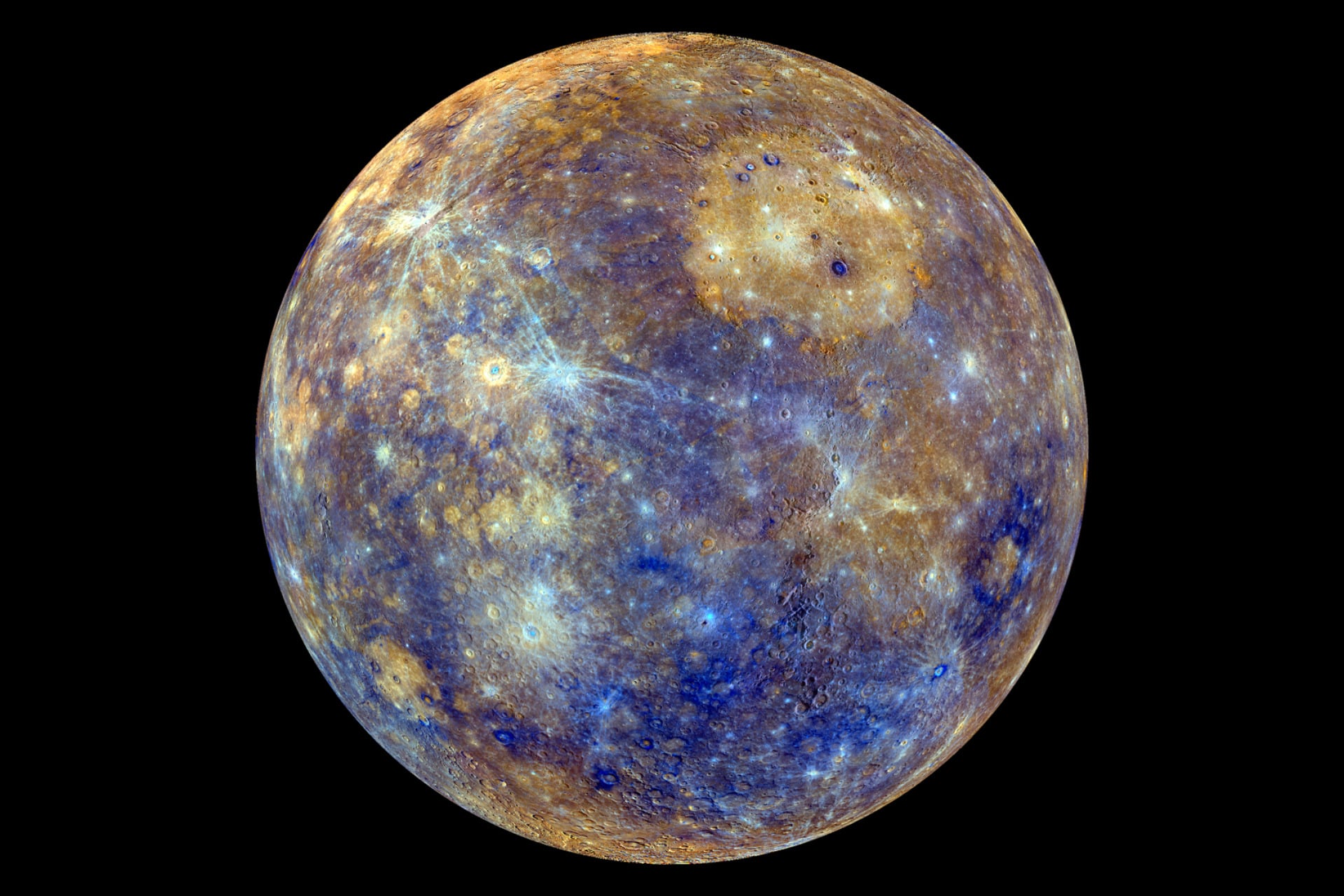 An enhanced image of Mercury by NASA's MESSENGER spacecraft. The false colors highlight the chemical, mineralogical, and physical differences between the rocks that make up Mercury's surface.