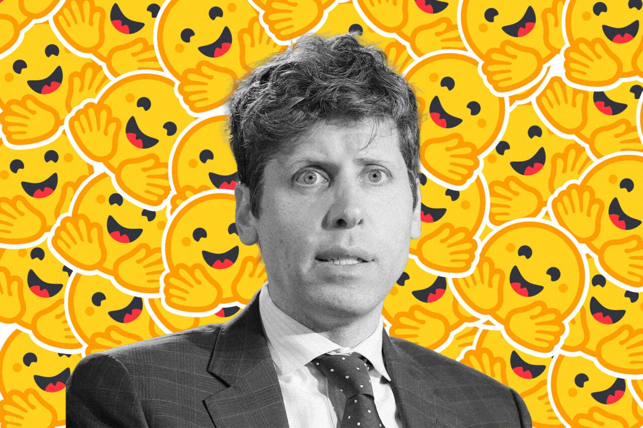 Sam Altman seen against a field of hugging face emojis