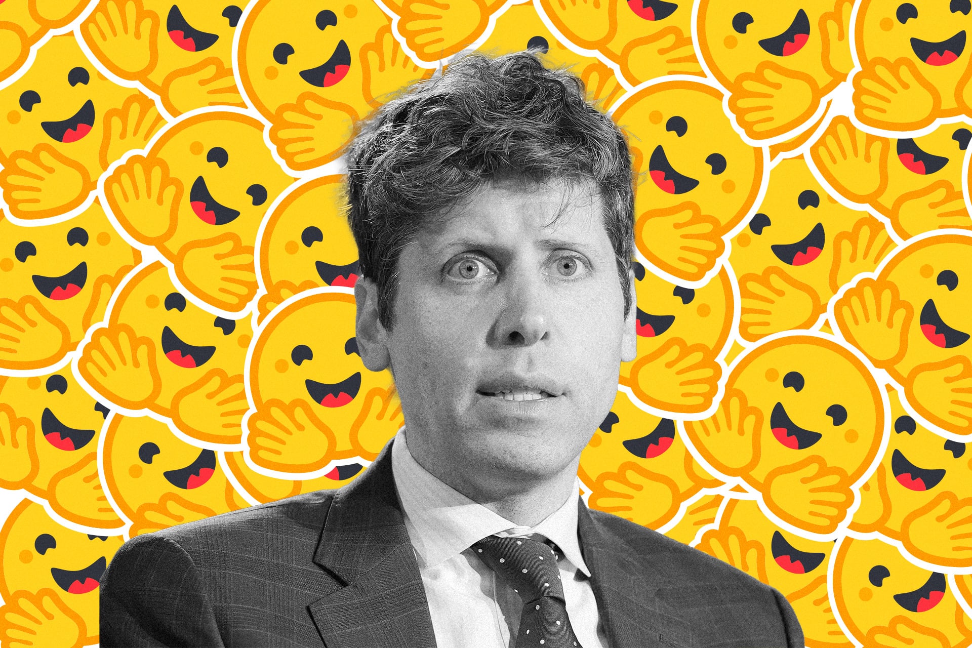 Sam Altman seen against a field of hugging face emojis