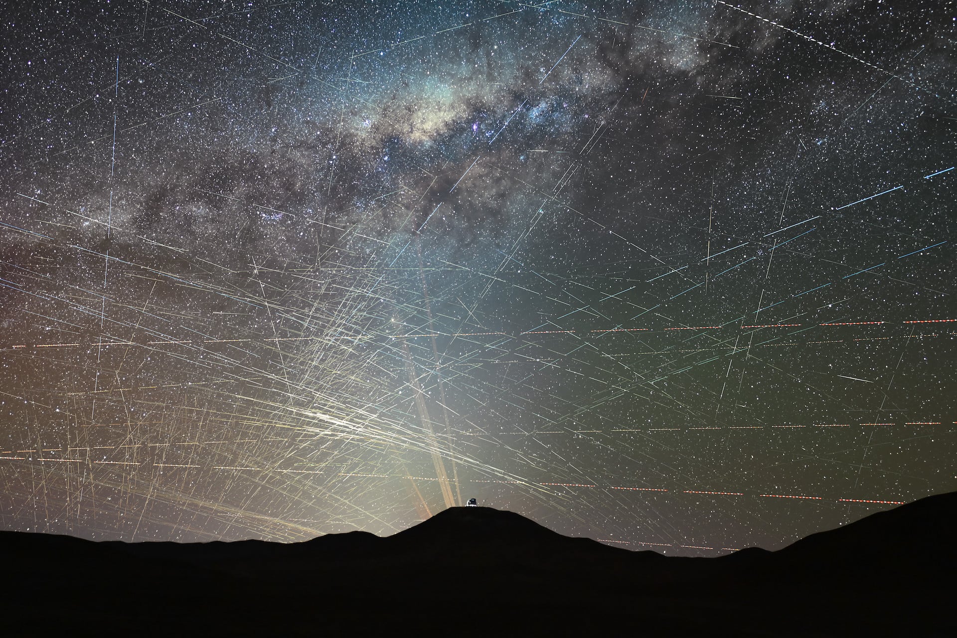 An image of satellites crossing the night sky above the northern Atacama Desert in Chile over a period of just one hour. 
