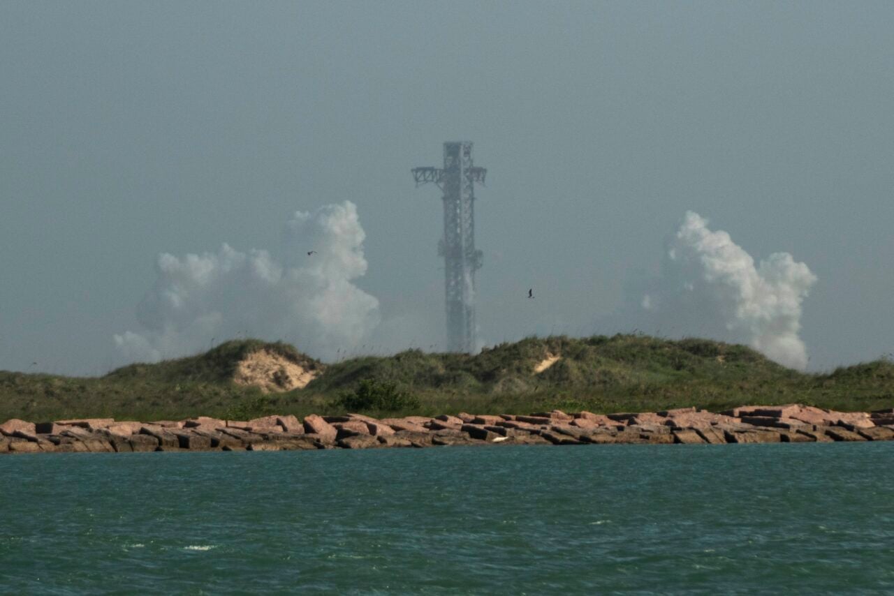 The SpaceX Starship V3 rocket is seen on South Padre Island just after its 13th test flight was scrubbed, as seen from Port Isabel, Texas, on July 16, 2026.