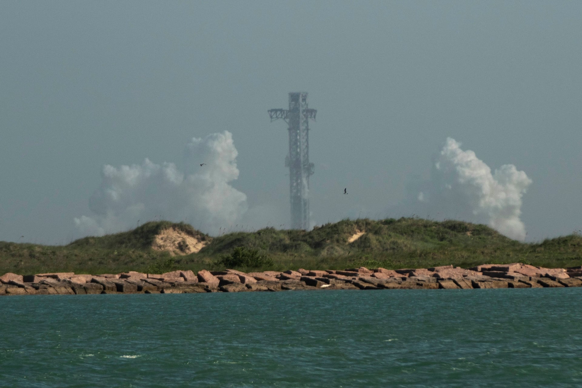 The SpaceX Starship V3 rocket is seen on South Padre Island just after its 13th test flight was scrubbed, as seen from Port Isabel, Texas, on July 16, 2026. 