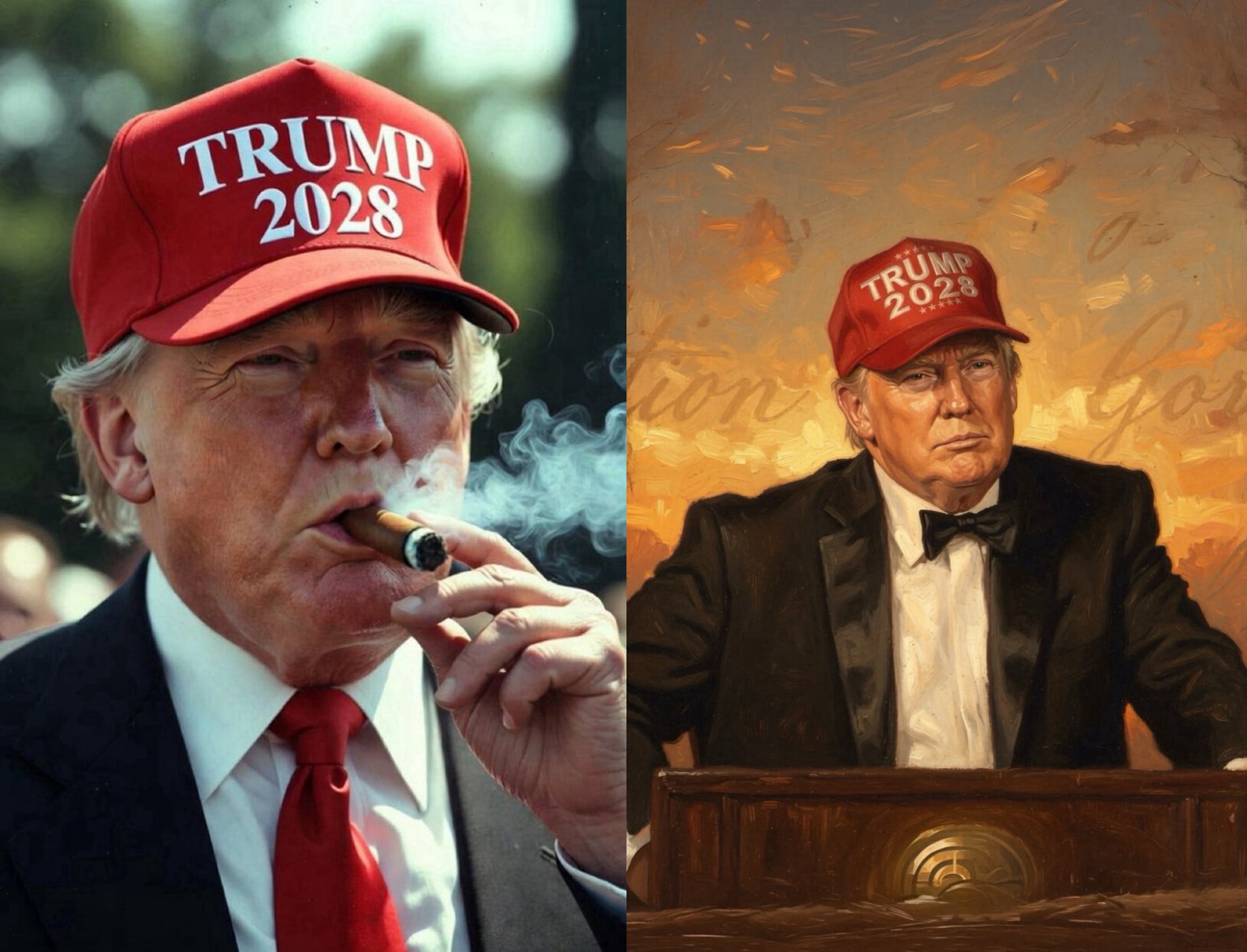 Two AI images posted by President Trump on July 26, 2026 depicting the president wearing hats that read "Trump 2028."