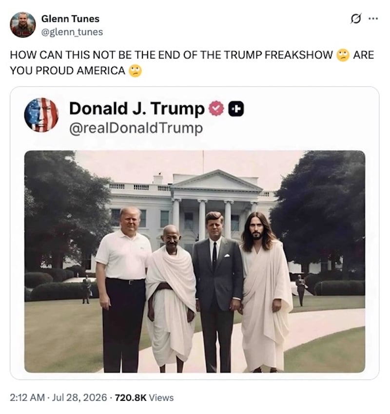 Fake image of President Donald Trump, Mahatma Gandhi, President John F. Kennedy, and Jesus Christ. Trump never actually posted this image. © X
