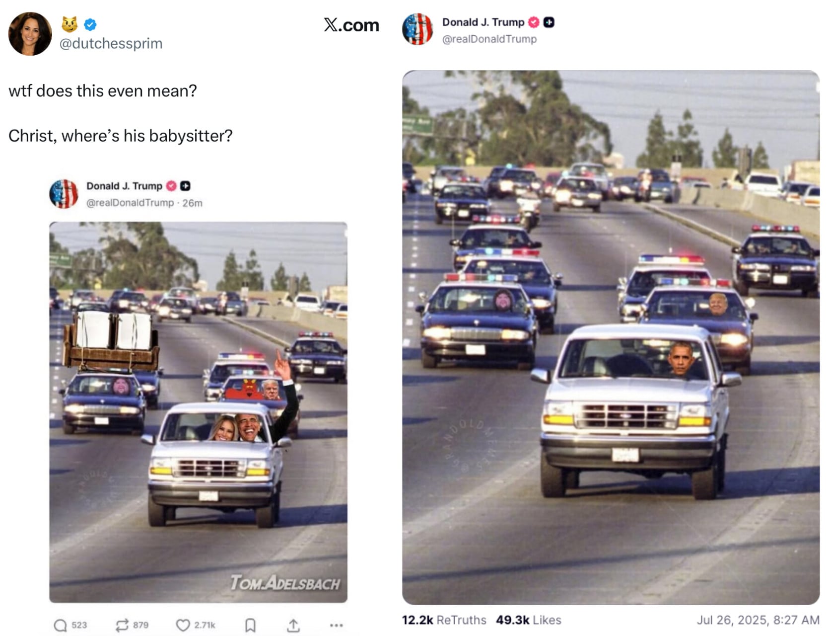 Two viral images depicting Trump chasing Obama. The one on the right was actually posted to Truth Social by Trump.