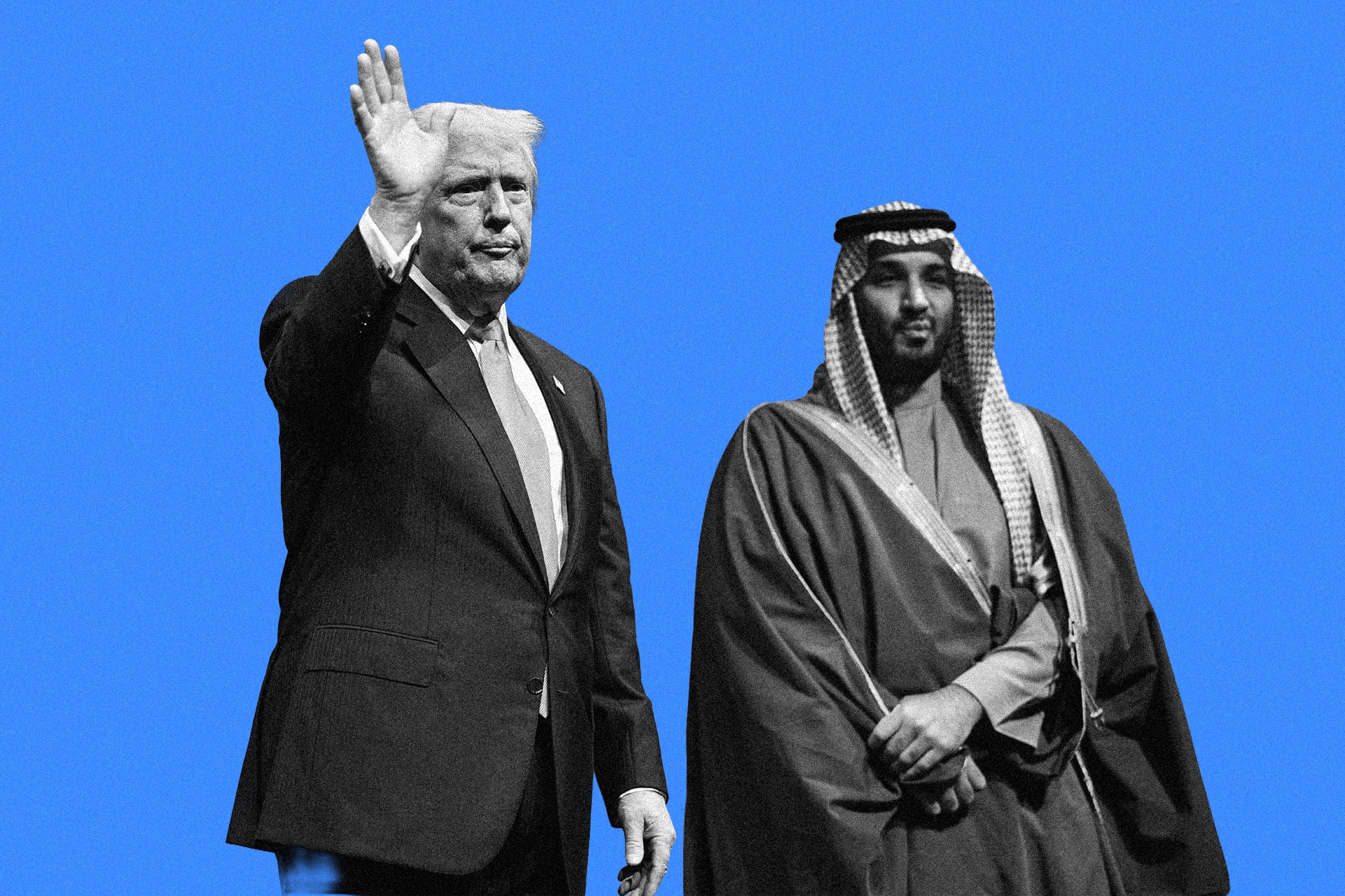 Crown Prince and Prime Minister of the Kingdom of Saudi Arabia Mohammed bin Salman and US President Donald Trump wave as they depart the US-Saudi Investment Forum at the John F. Kennedy Center for the Performing Arts in Washington, DC on November 19, 2025.