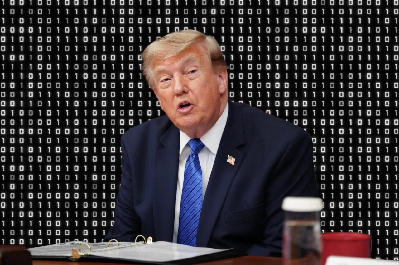 Trump seen against a Matrix text background.