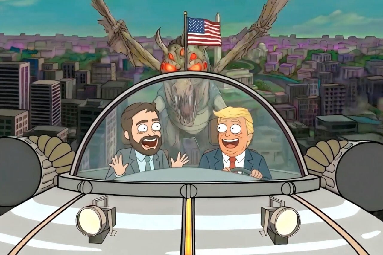 Screenshot from an AI video posted to the official White House X account showing President Trump and Vice President Vance as characters from Rick and Morty.