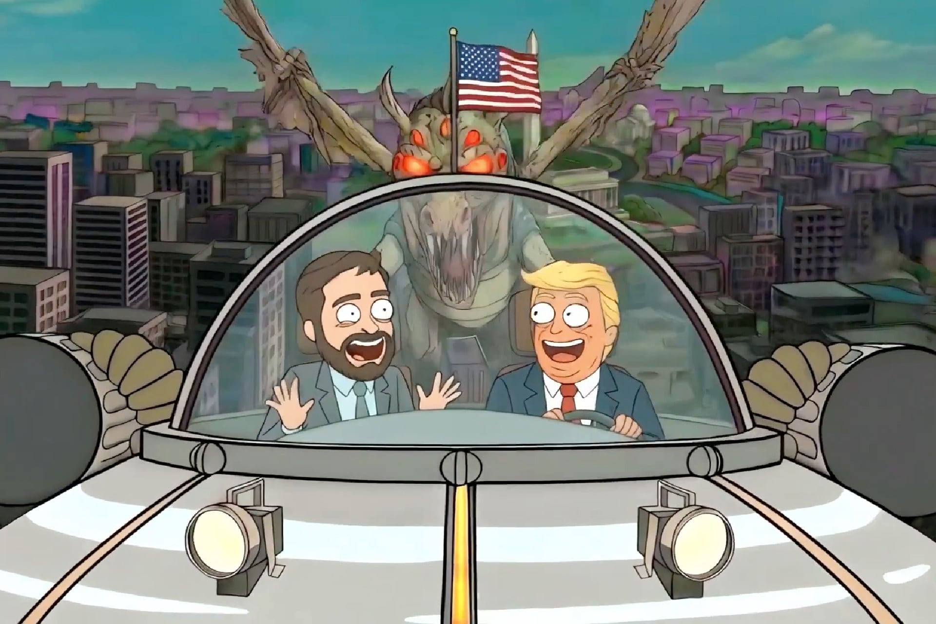 Screenshot from an AI video posted to the official White House X account showing President Trump and Vice President Vance as characters from Rick and Morty.