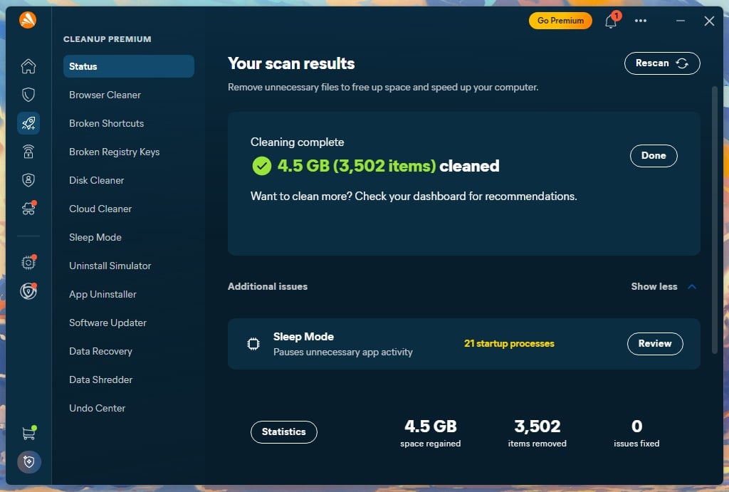 Avast Cleanup Results