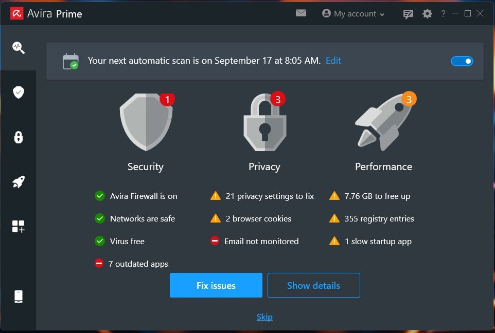 Avira Prime Smart Scan Resuls